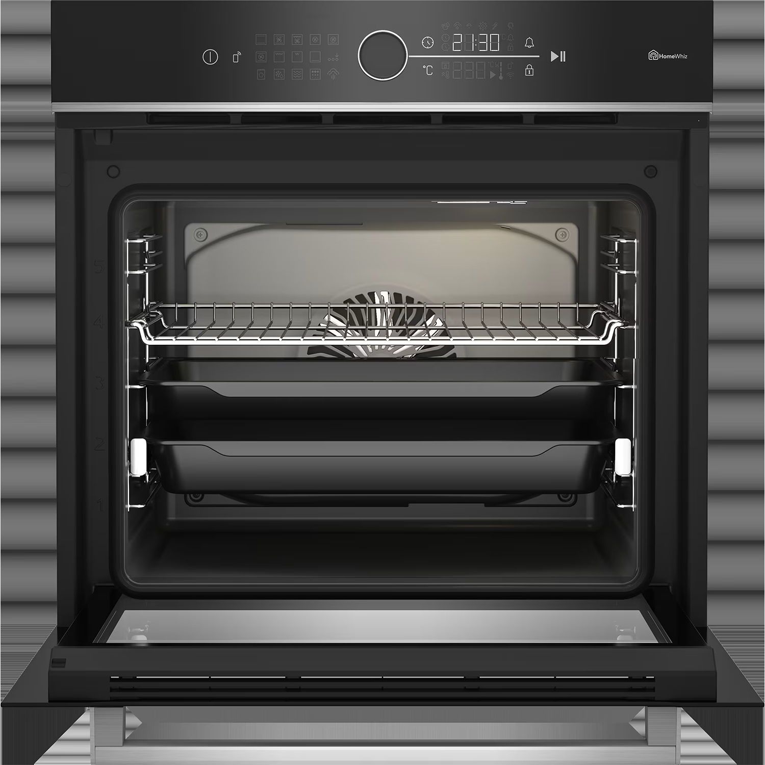 Un forno nero aperto con ripiani e vassoi all'interno, la porta è aperta, con display digitale.