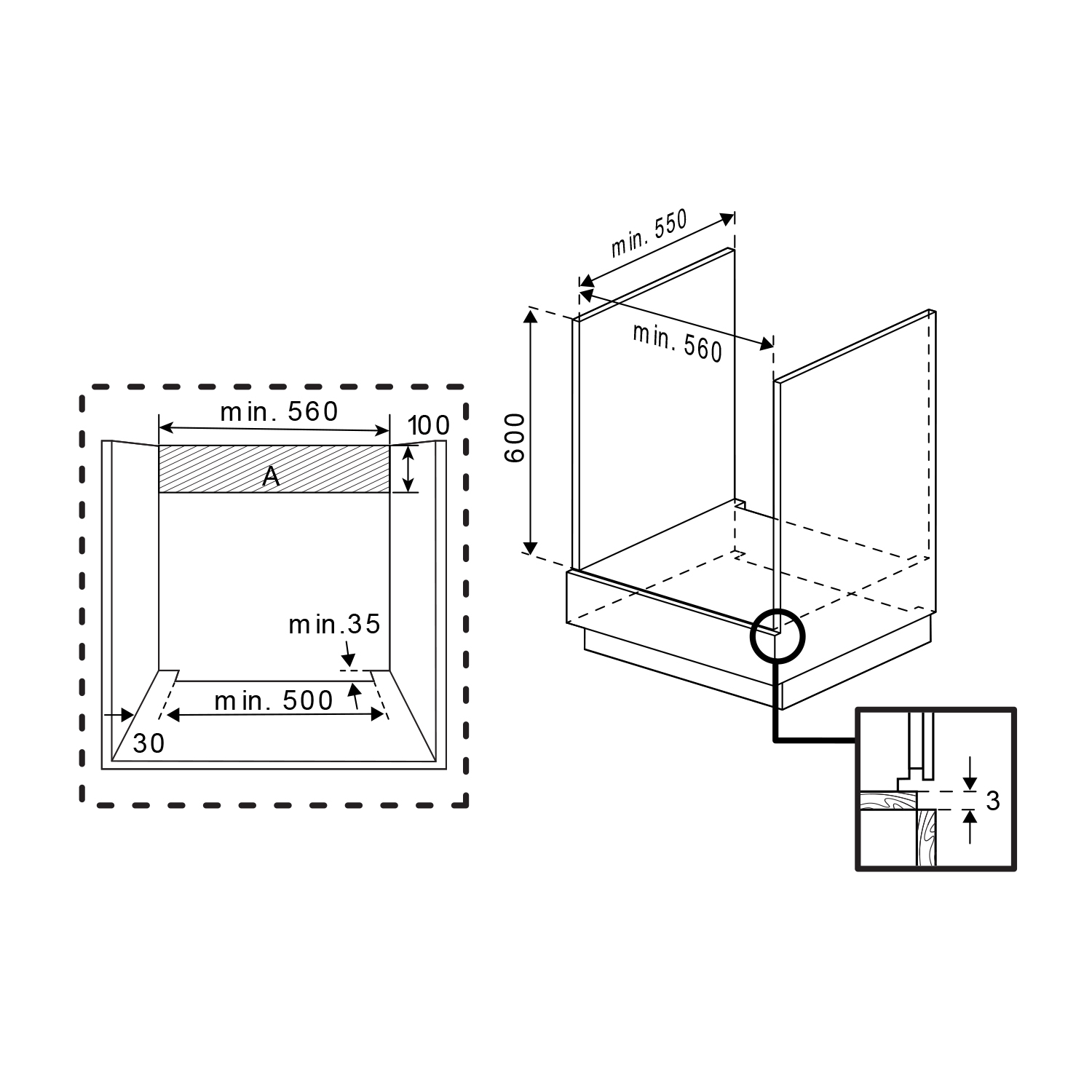 Diagramma di un box doccia con dimensioni e dettagli.