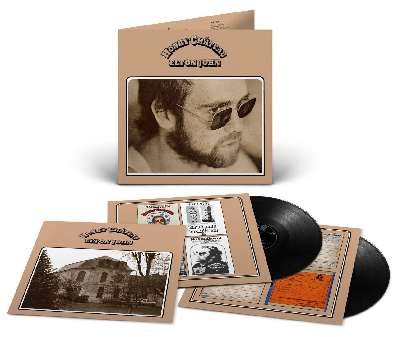 Albumcover von 'Honky Château' von Elton John, mit Album und Schallplatten.