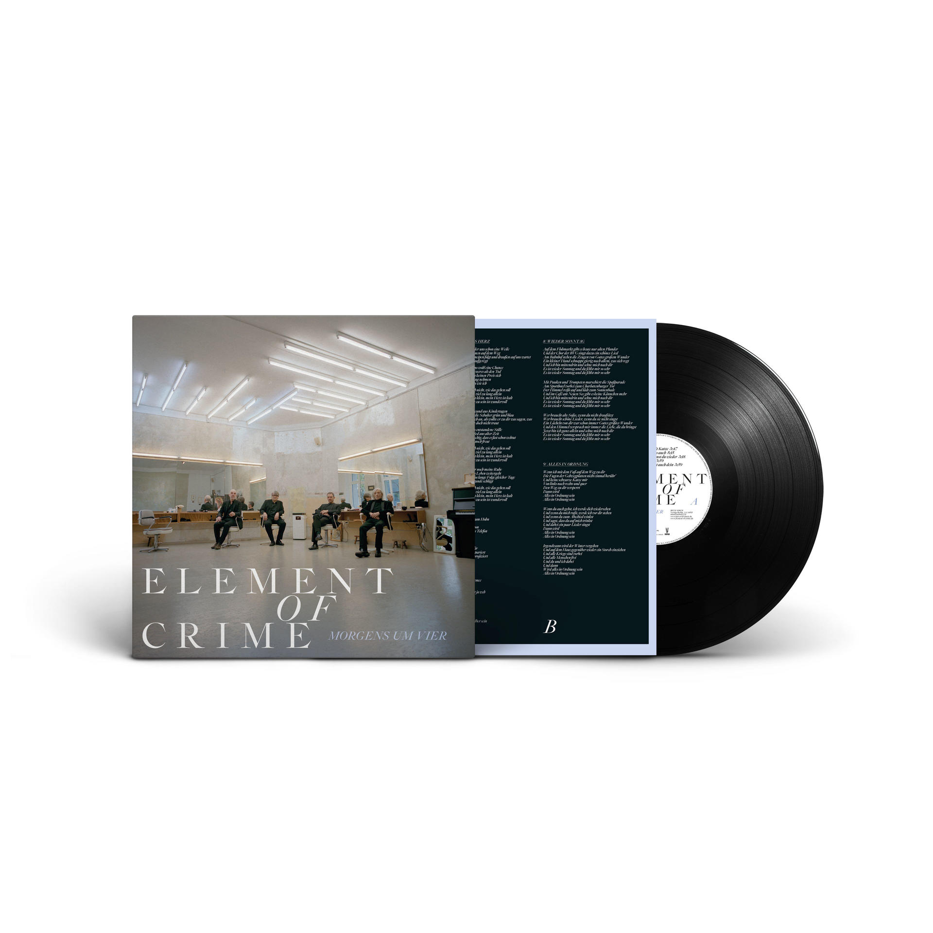 Albumcover mit Band. Schallplatte und Albumcover. Personen sitzen in einem Raum. Titel: Element of Crime.