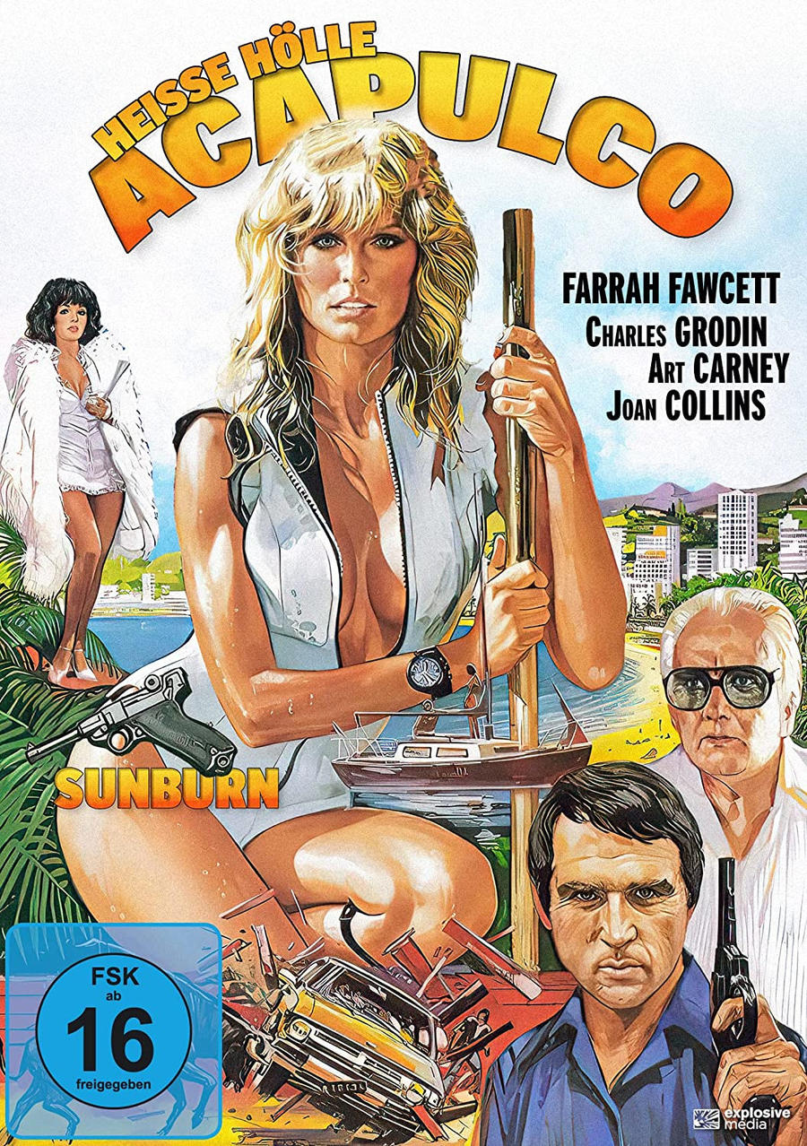 Filmposter für 'Sunburn'. Zeigt eine Frau mit Schwert, Schauspieler und eine Szene im Hintergrund.