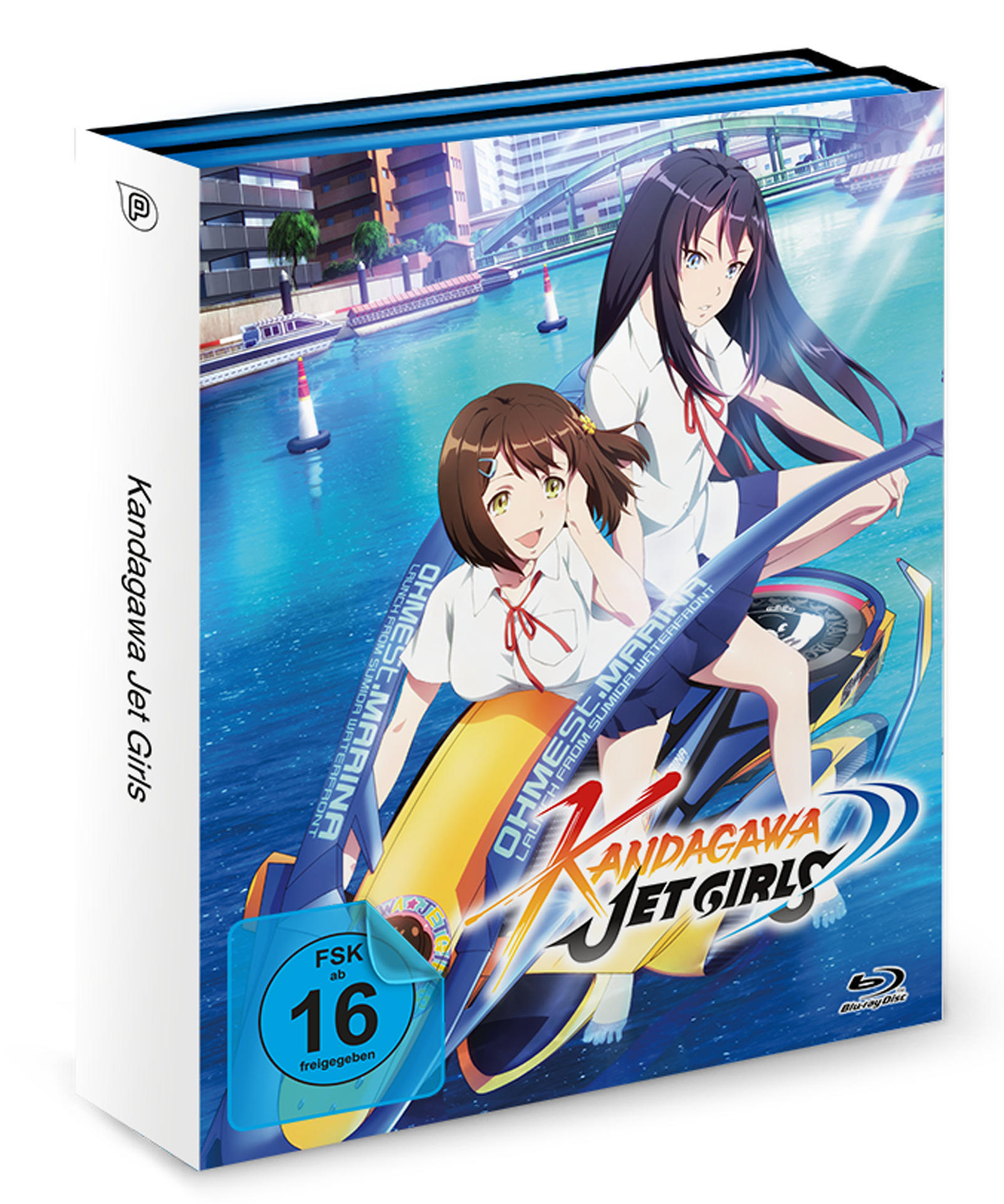 Eine DVD-Box mit zwei Anime-Mädchen auf einem Jetski. Der Titel lautet „Kandagawa Jet Girls“.