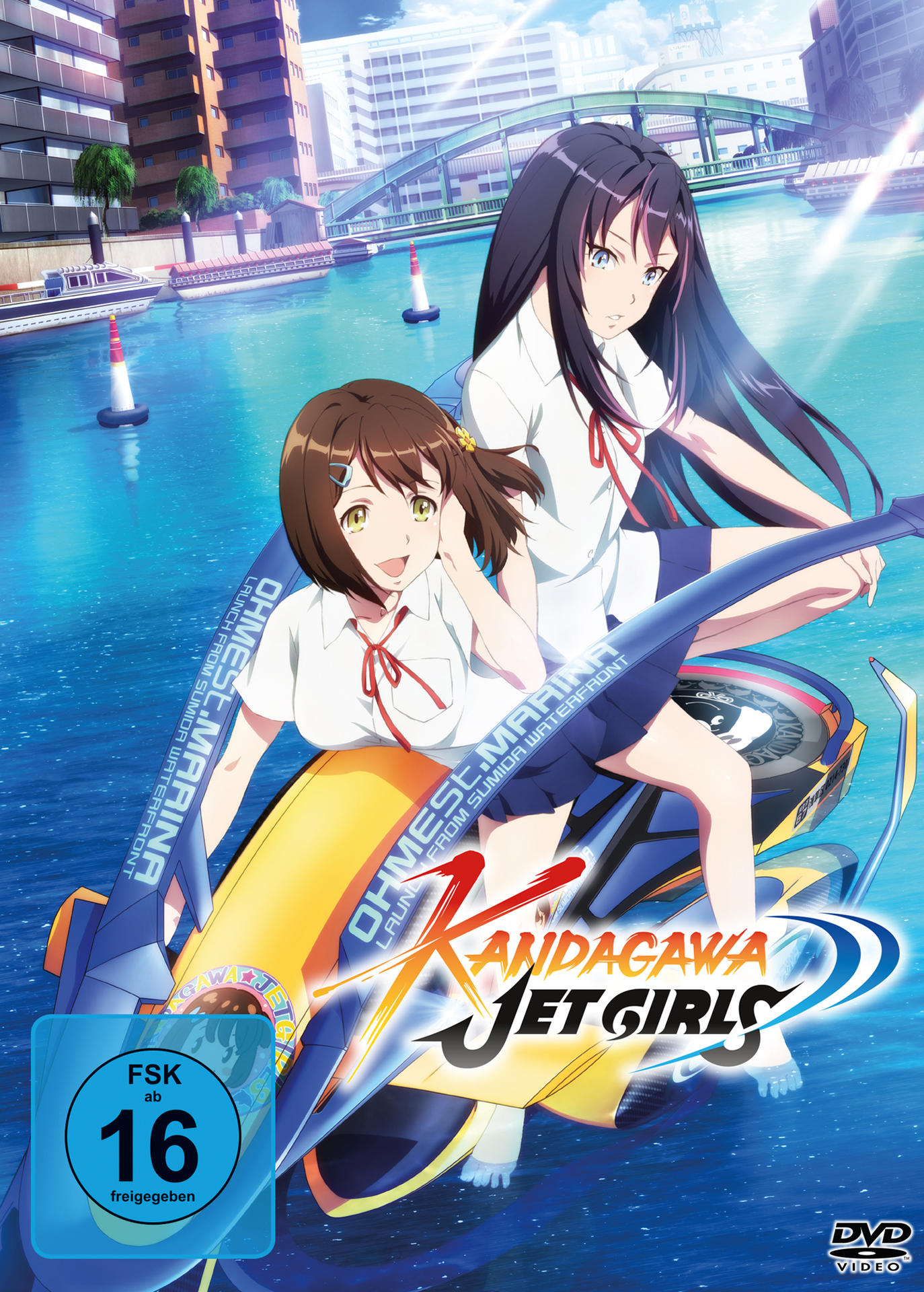 Anime-Cover: Zwei Mädchen auf einem Jetski, mit Stadt- und Wasserhintergrund, lebendige Farben.