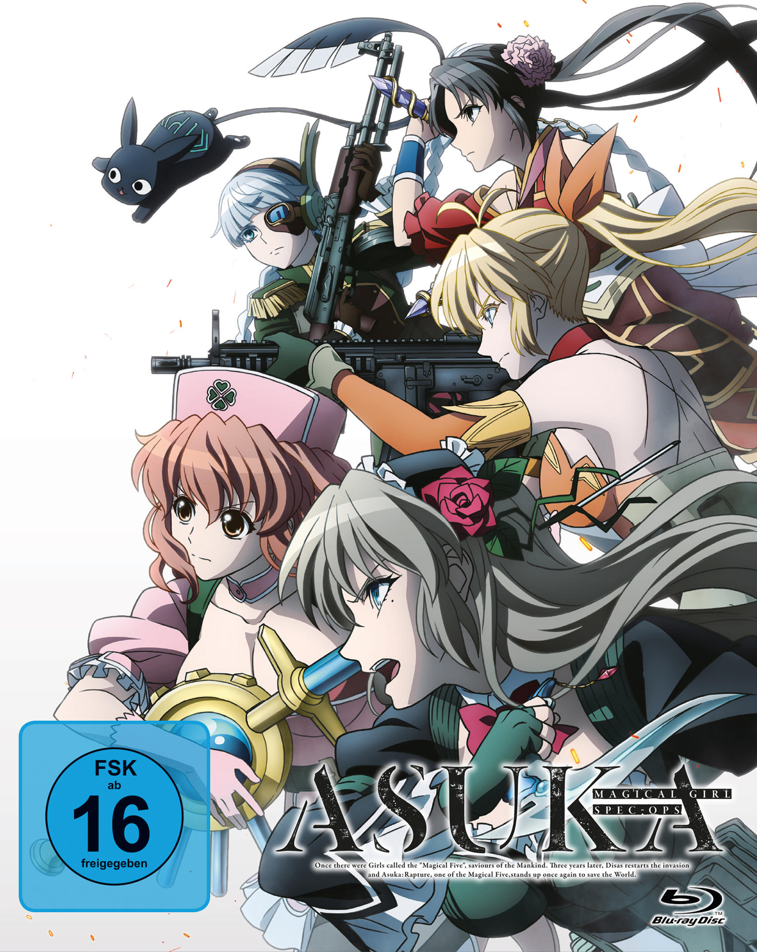 Anime-Blu-ray-Cover mit mehreren weiblichen Charakteren, Waffen und einem Logo.