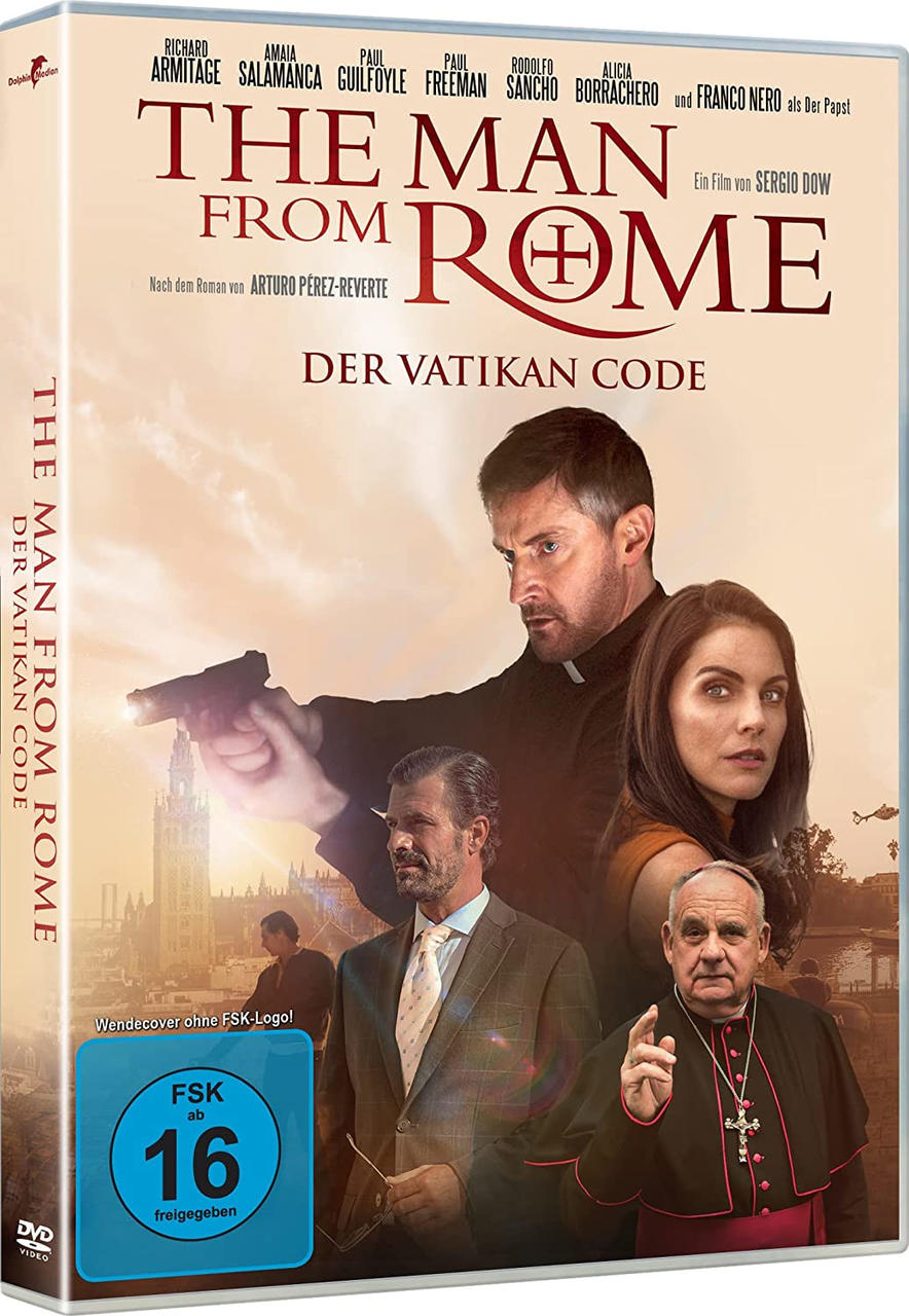 DVD-Cover des Films 'The Man from Rome'. Zeigt Schauspieler und das Vatikan-Logo mit Text.