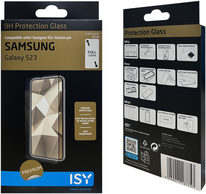 Boîte pour protecteur d'écran Samsung Galaxy S23. Texte, image du téléphone et détails du produit sur le recto et le verso.