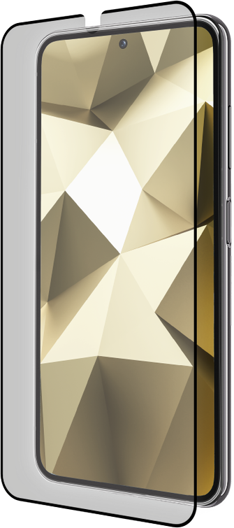 Un smartphone avec un protecteur d'écran appliqué. Le téléphone est incliné, avec un arrière-plan géométrique.