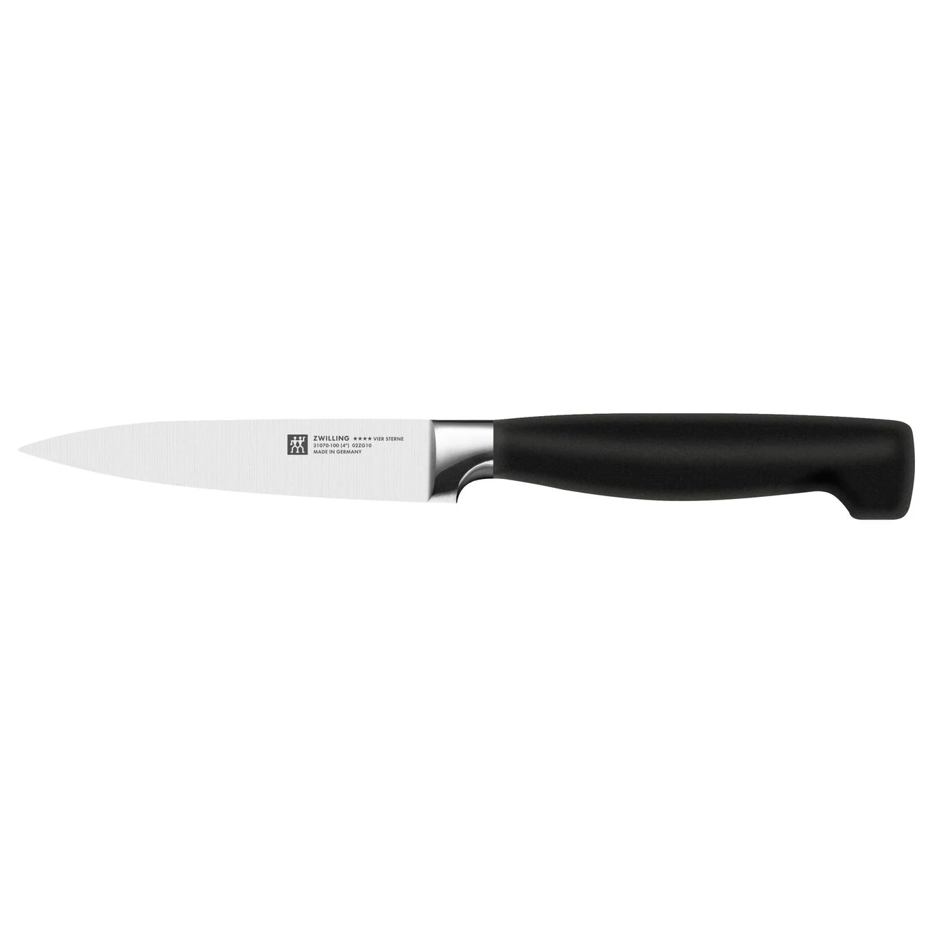 Edelstahlmesser mit schwarzem Griff. Die Klinge ist scharf und spitz.