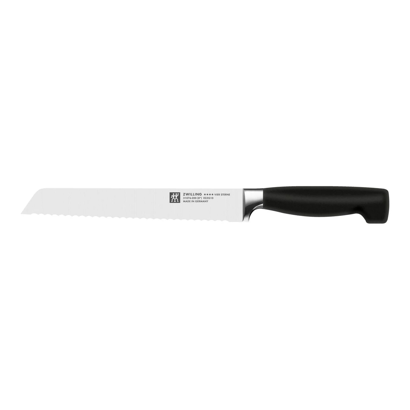 Brotschneidemesser mit gezahnter Klinge und schwarzem Griff auf weißem Grund.