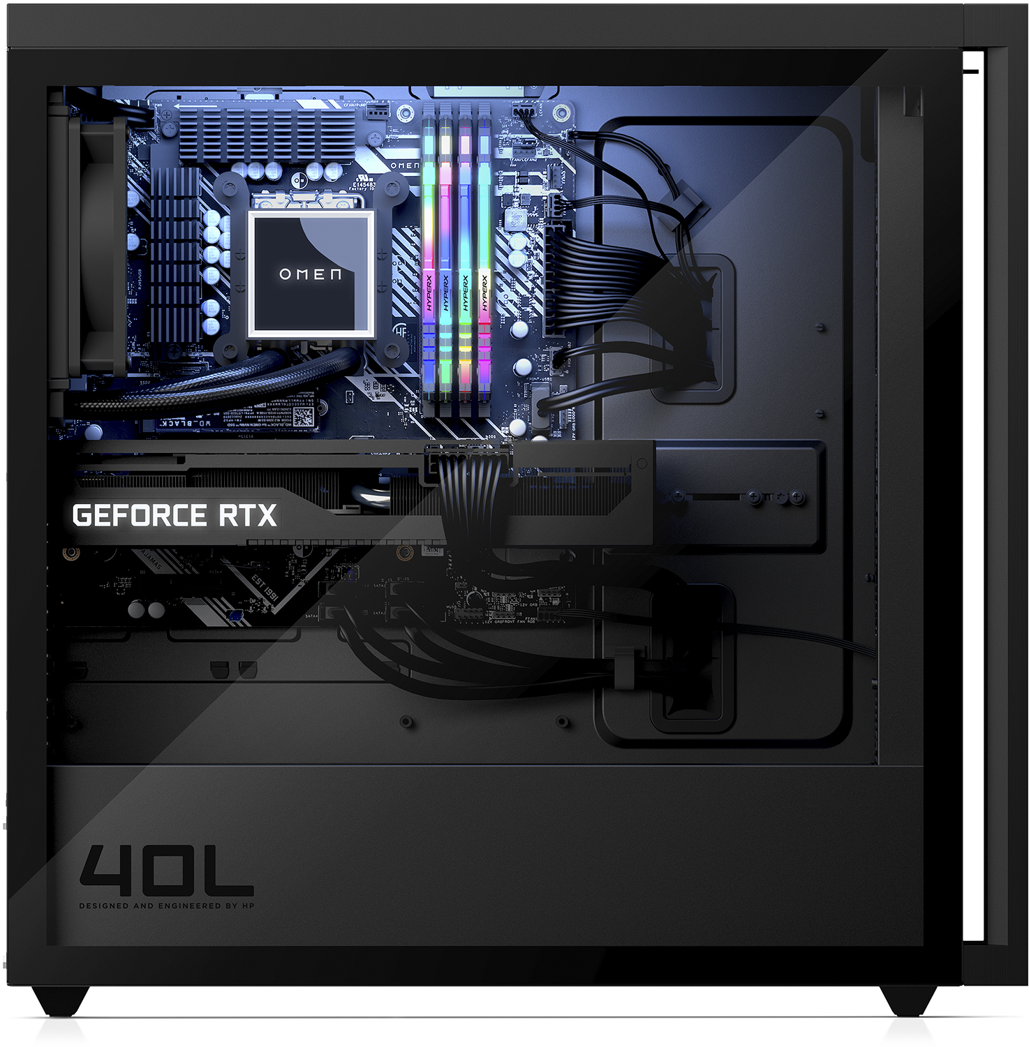 Interieur van de computerkast, met componenten zoals de GPU en CPU, verlicht door LED-verlichting.