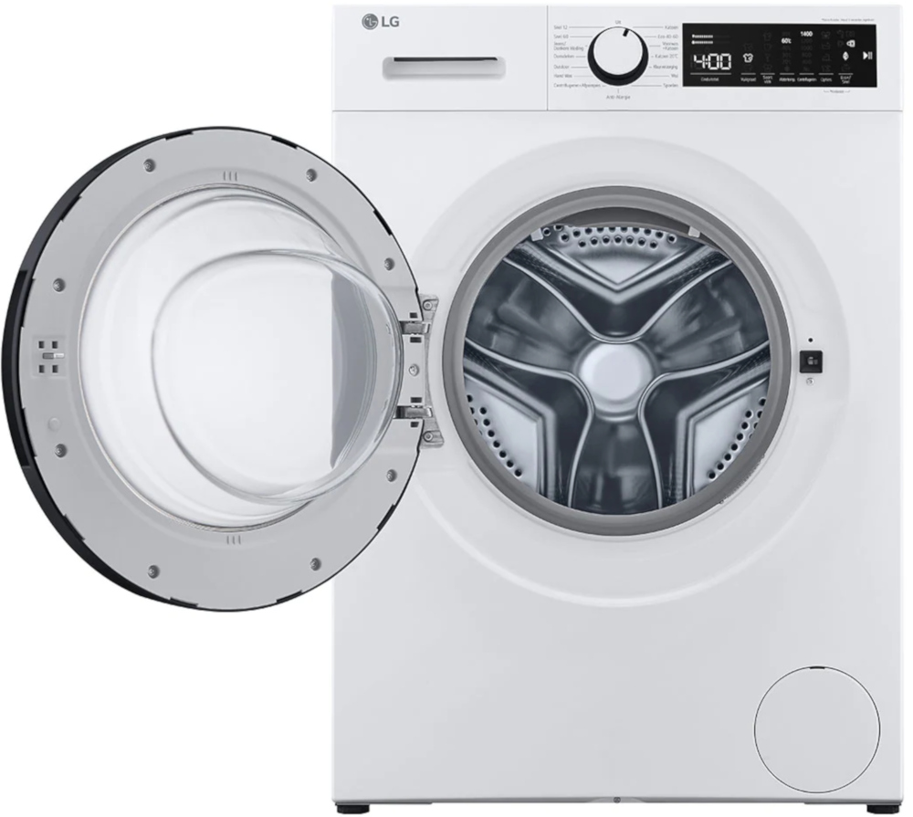 Une machine à laver blanche avec la porte ouverte, révélant le tambour intérieur.