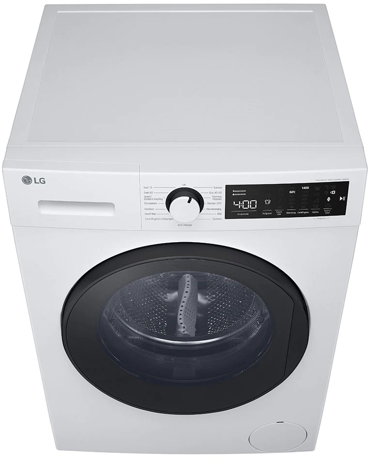 Une machine à laver blanche vue de dessus. Panneau de contrôle, porte et marque visibles.