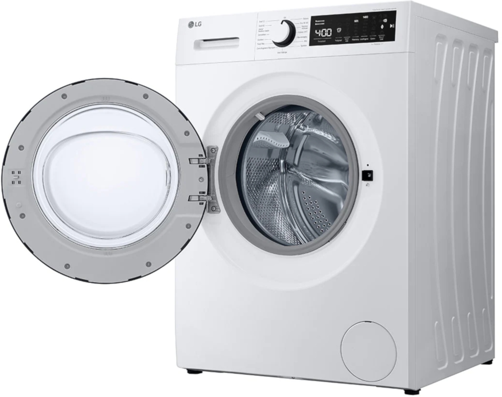 Lave-linge blanc avec porte ouverte. Garniture de porte grise, panneau de commande et écran. Blanc.