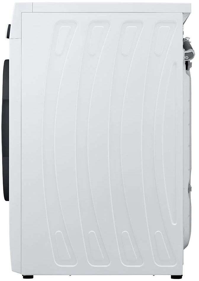 Vue latérale d'un lave-linge blanc. La machine est propre et présente un design incurvé sur le côté.