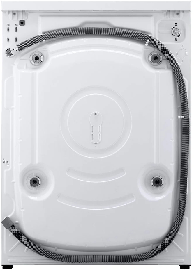 Vue arrière d'un lave-linge blanc avec un tuyau gris connecté. Le dos a un design arrondi.