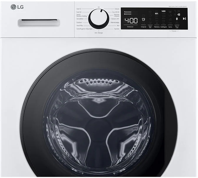 Gros plan du panneau avant d'une machine à laver blanche, montrant les commandes et une porte noire.