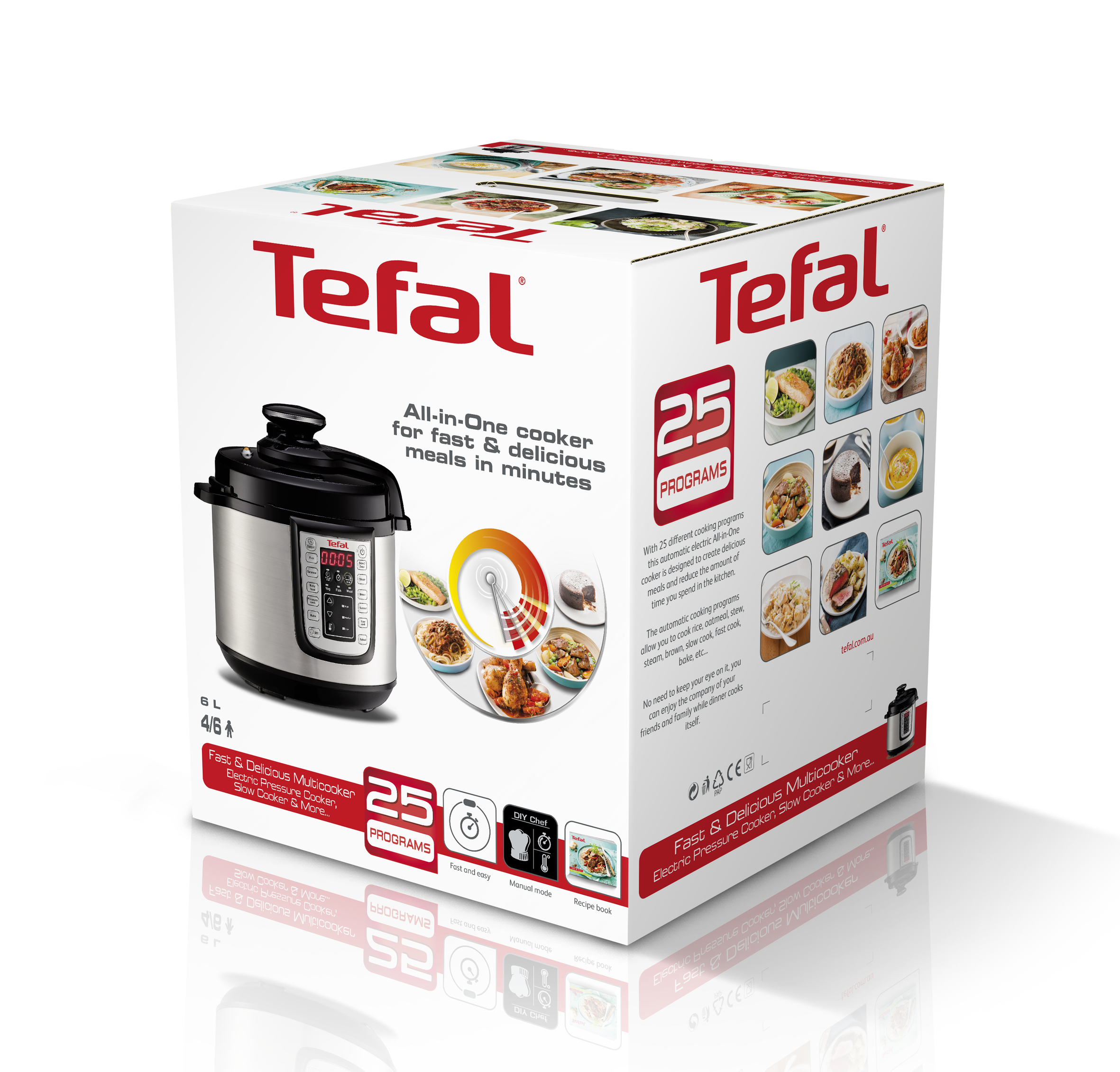 Caja Tefal con imagen de olla a presión. Texto: Cocina todo en uno para comidas rápidas y deliciosas.