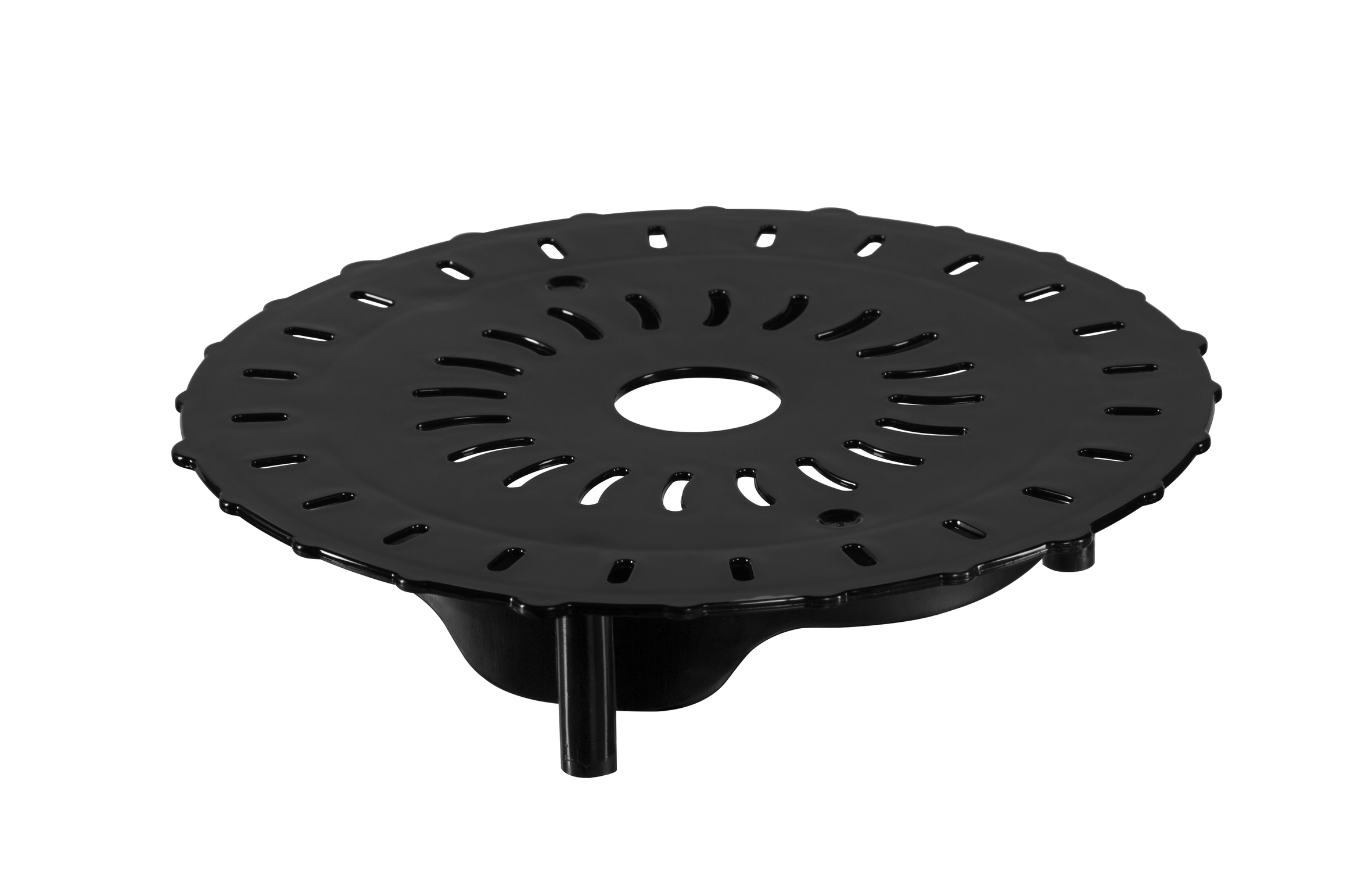 Filtro de fregadero circular negro con múltiples agujeros, sobre fondo blanco.