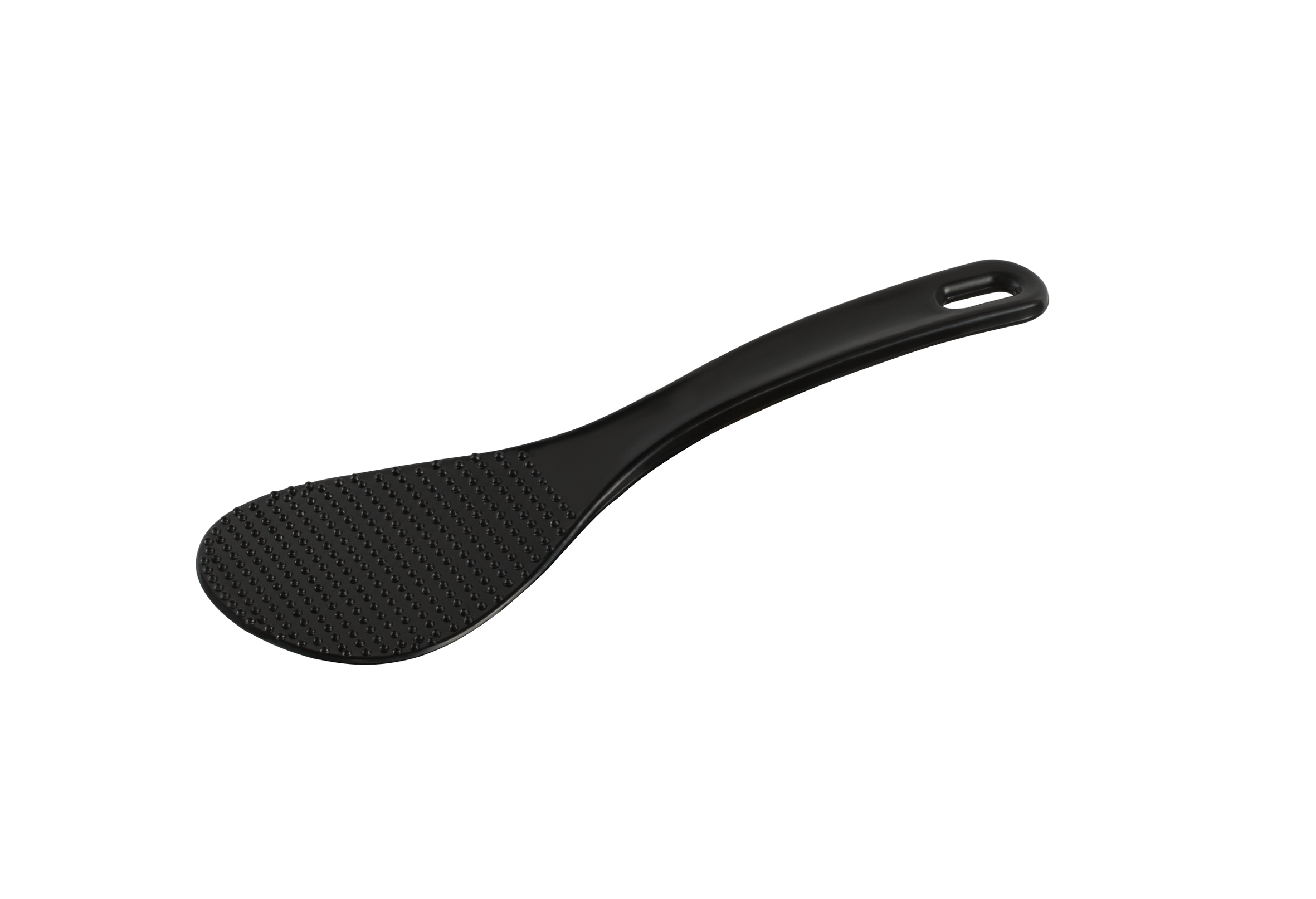 Paleta de arroz negra. La paleta es de plástico negro y tiene una superficie texturizada.