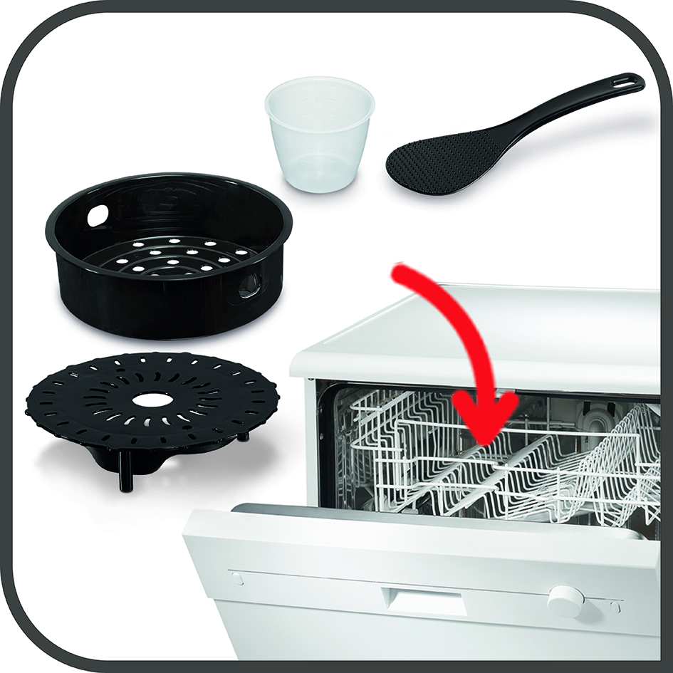 Accesorios para lavavajillas: un colador negro, una taza y una cuchara.