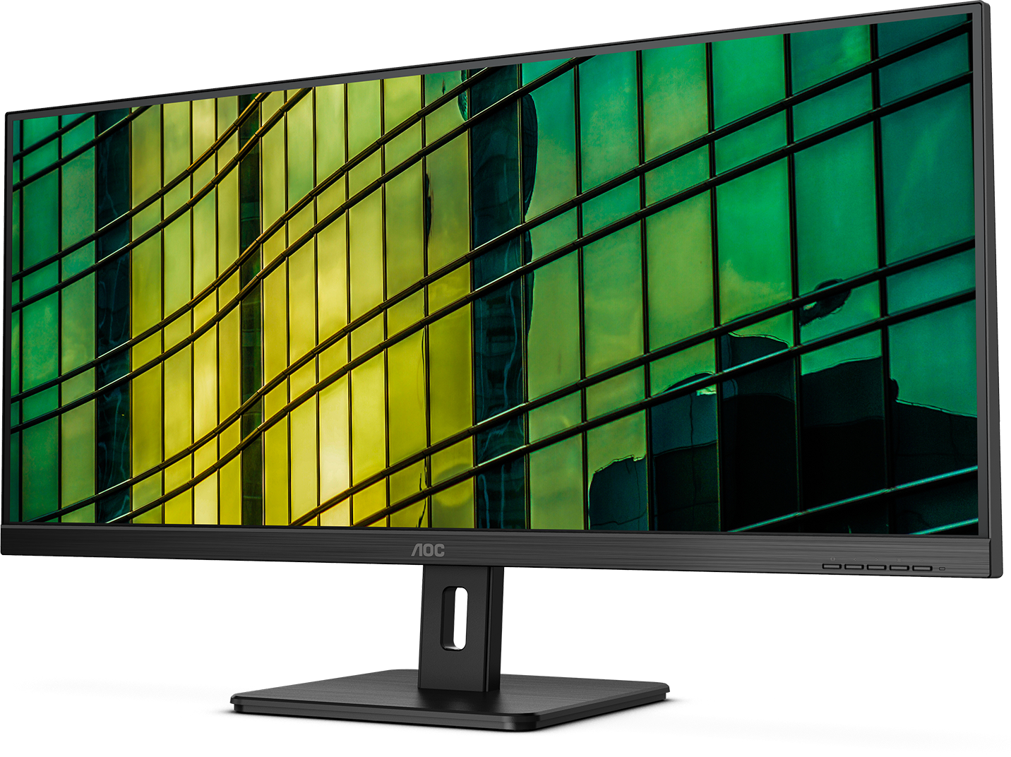 Egy fekete számítógép monitor színes, absztrakt képet jelenít meg.
