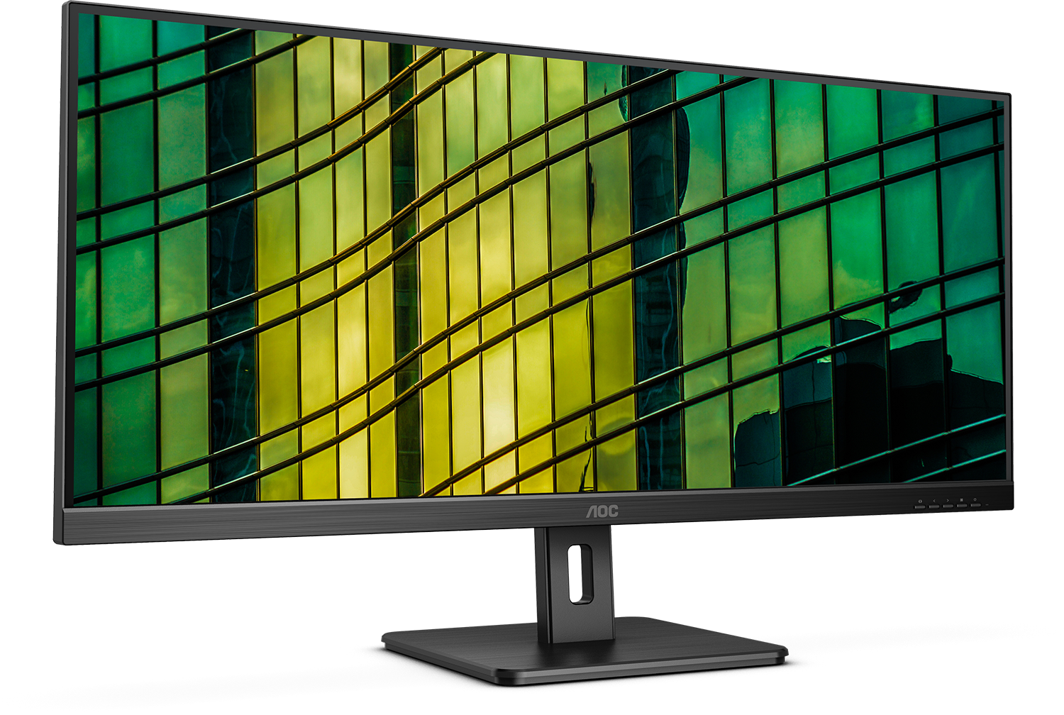 AOC monitor épületreflexióval. Fekete állvány és háttér.