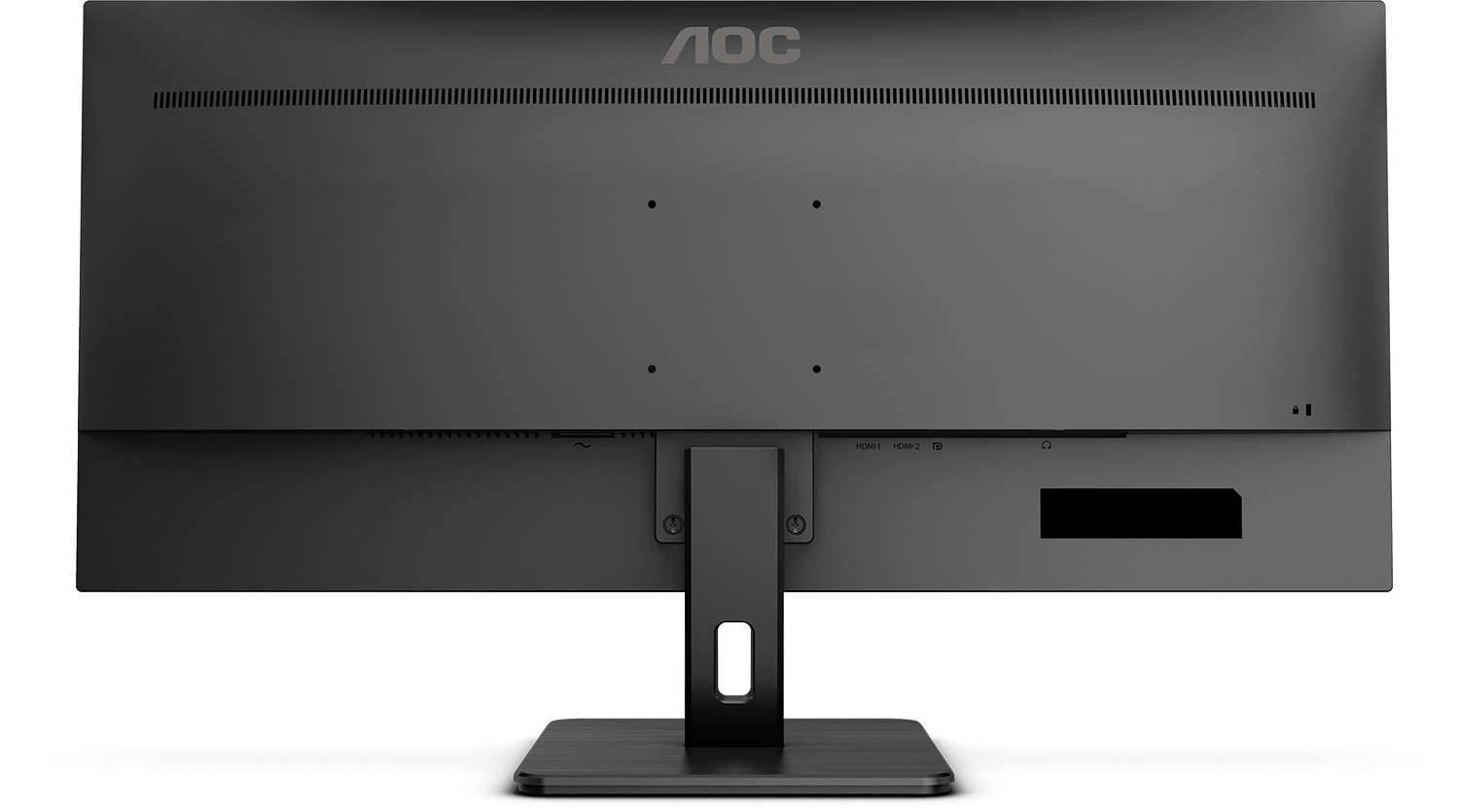 Fekete AOC monitor hátulja, csatlakozókkal és állvánnyal.