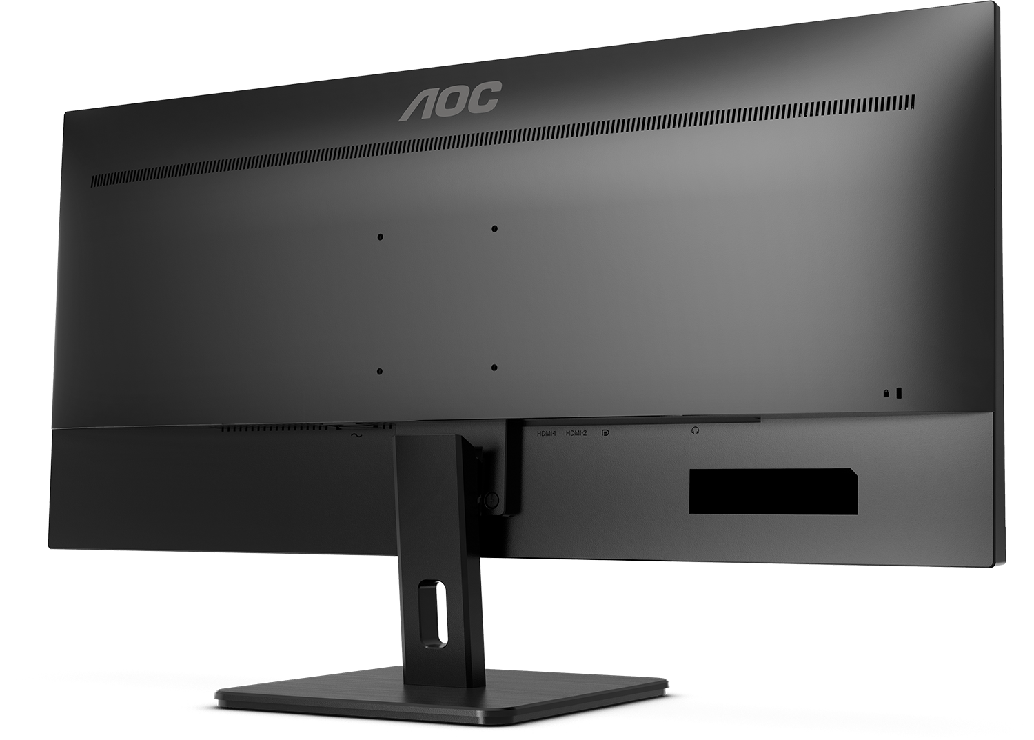 Egy fekete AOC monitor hátulja, portokkal és állvánnyal.