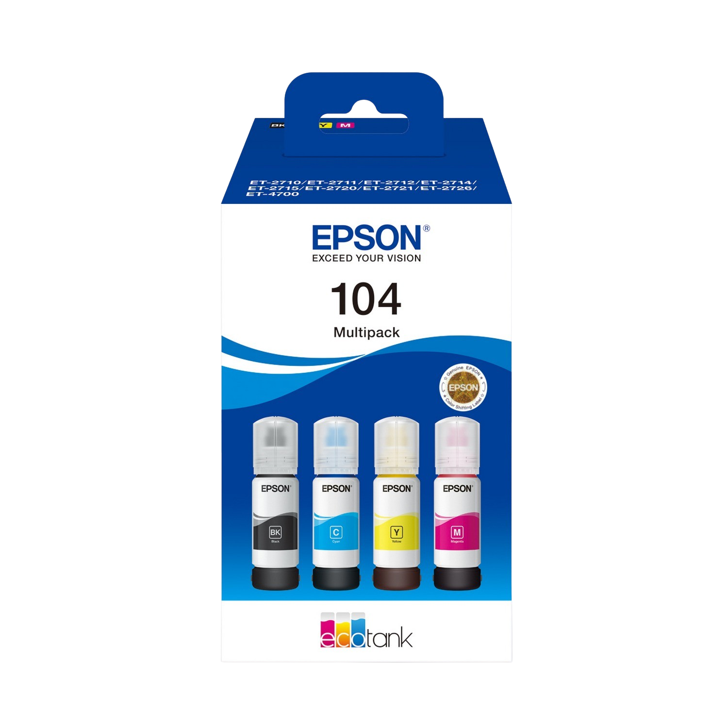 Epson 104 multipack ink cartridges in a box. The box shows the ink colors.