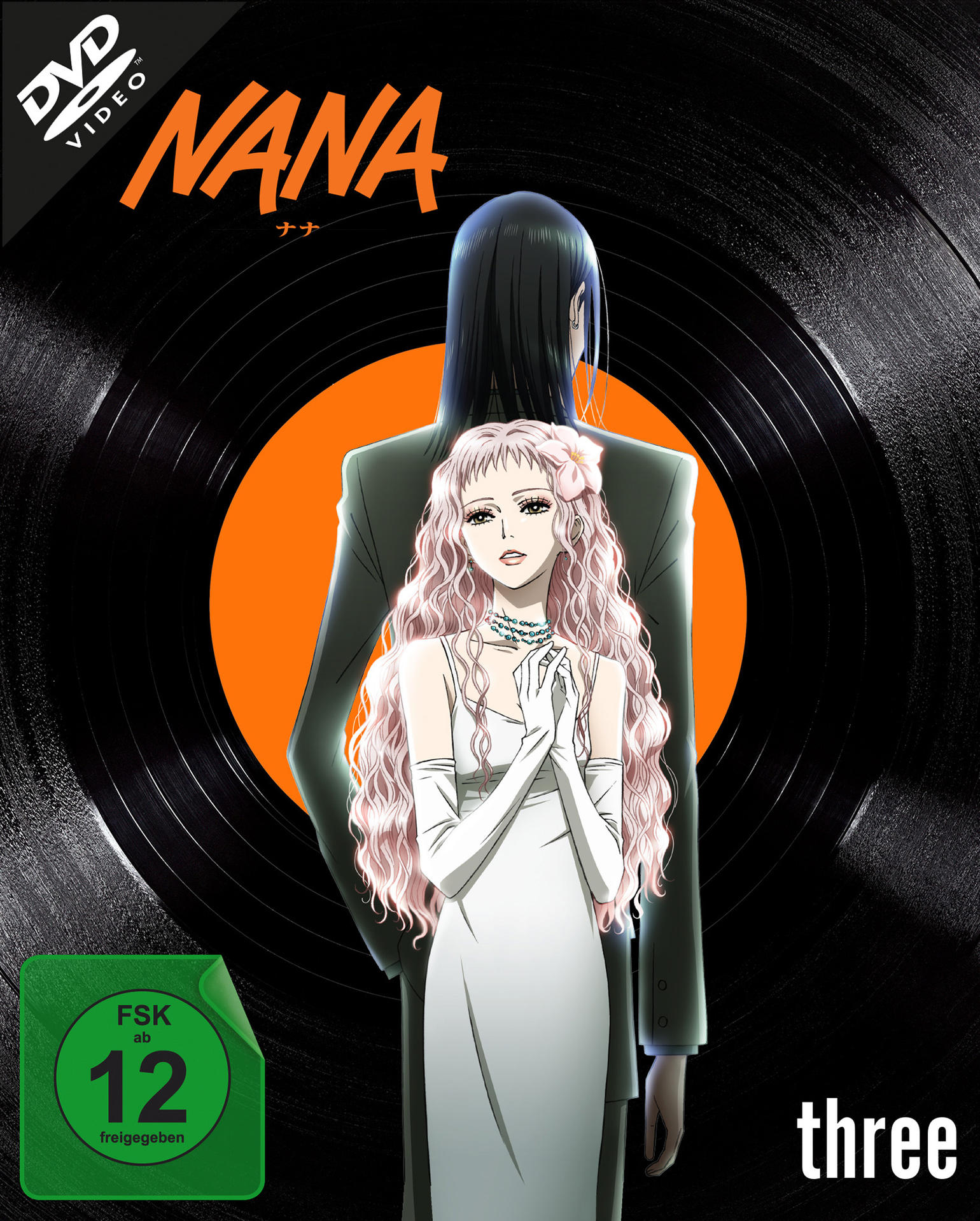 DVD-Cover mit Anime-Charakteren. Eine Frau in weißem Kleid und ein Mann im schwarzen Anzug stehen.