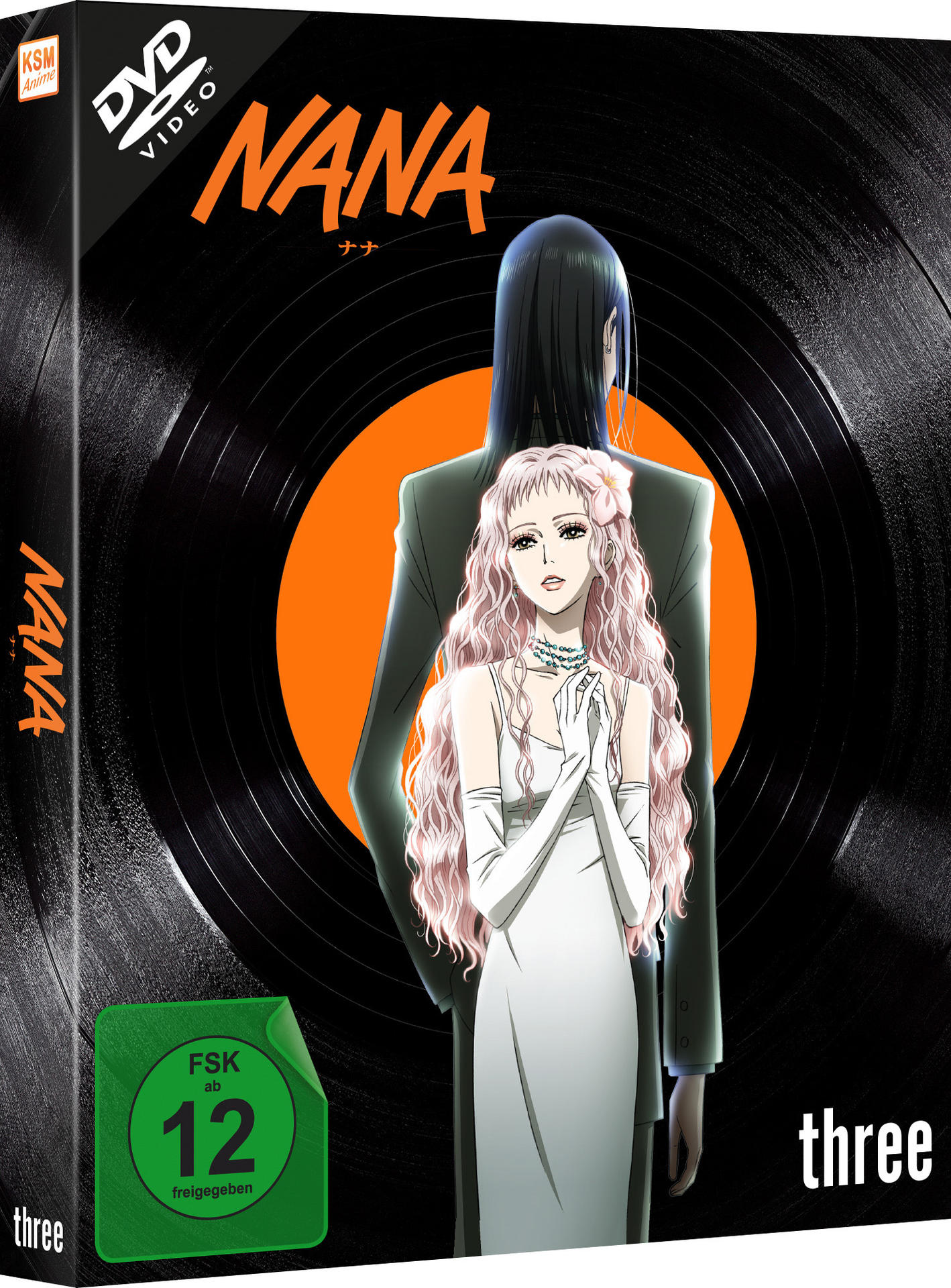 DVD-Cover des Animes 'Nana'. Eine Frau mit langen Haaren steht vor einer Schallplatte.