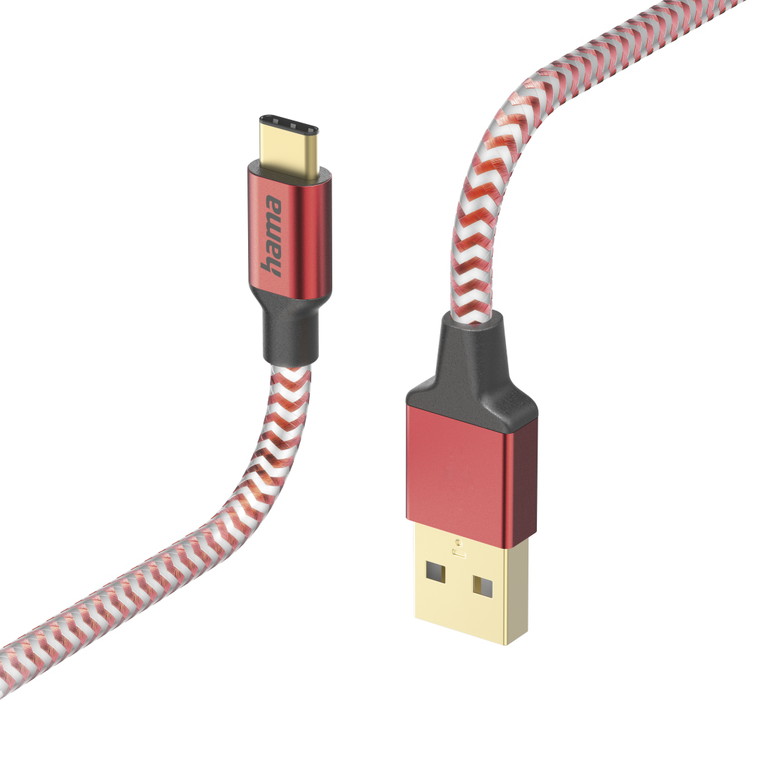 Közelkép egy piros-fehér USB-C-USB-A kábelről.