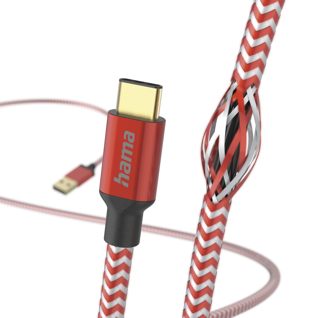 Egy piros-fehér kábel USB-C csatlakozóval és USB-A csatlakozóval.