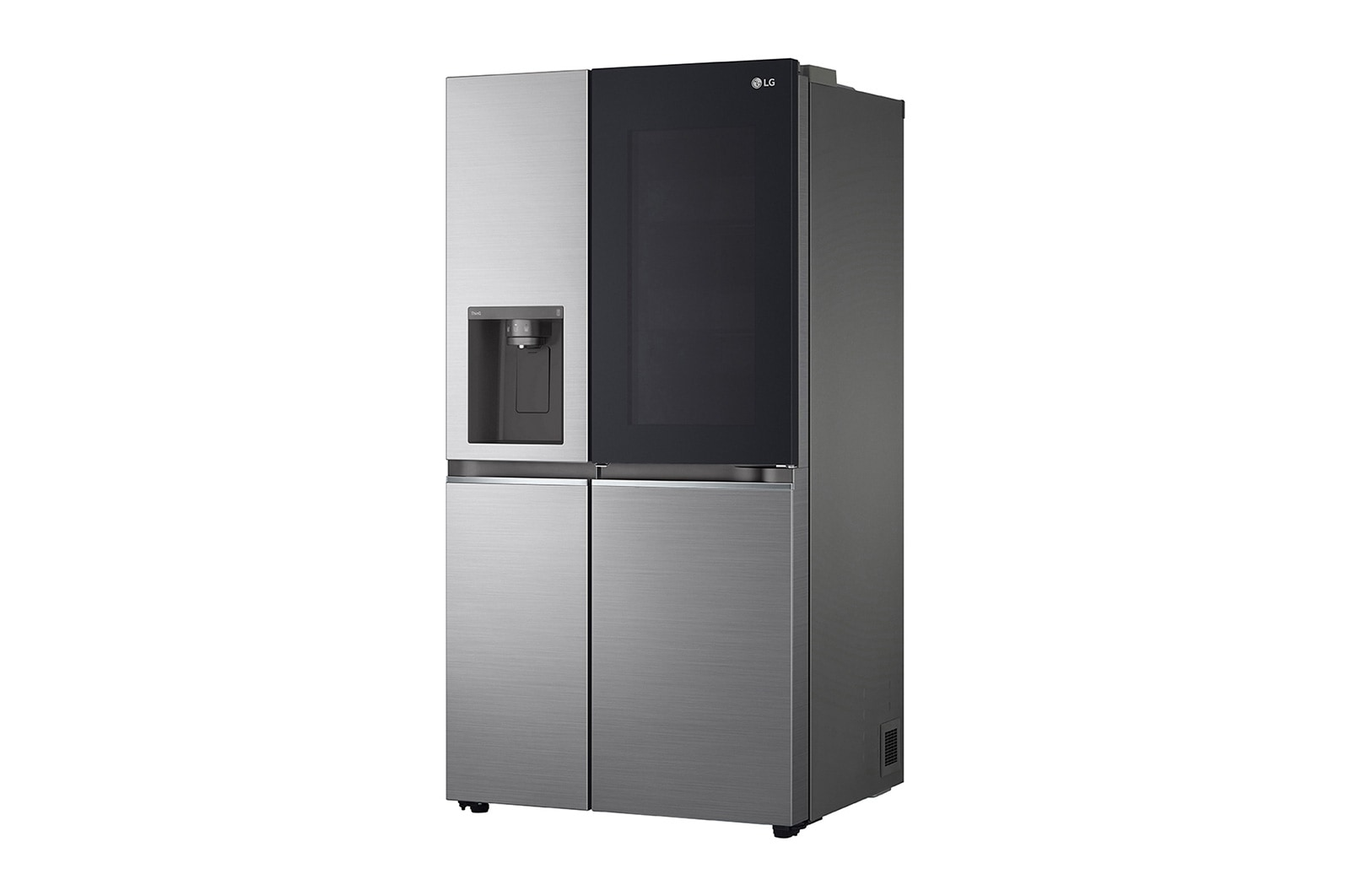 LG side-by-side hűtőszekrény fekete üvegajtóval és ezüst testtel.