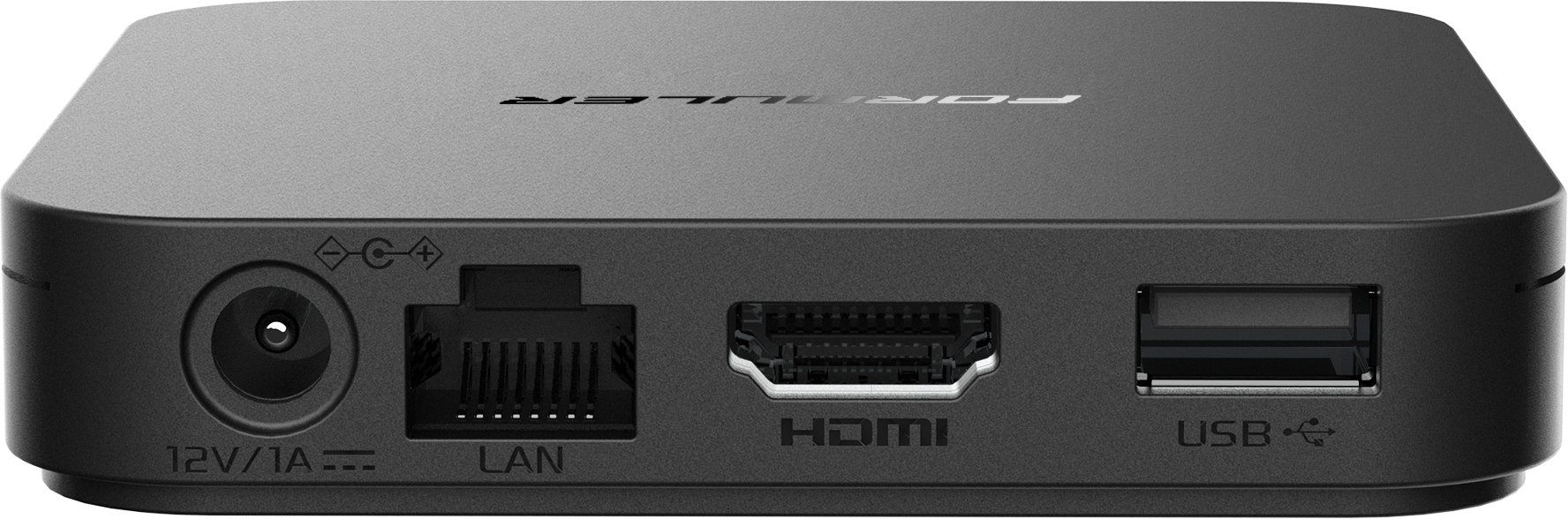 Appareil noir avec ports: alimentation, LAN, HDMI et USB. Vue de dessus.