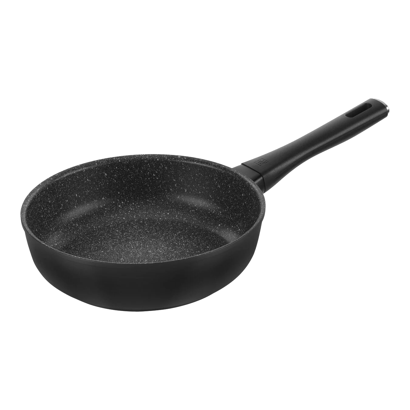 Eine schwarze Bratpfanne mit gesprenkeltem Innenraum und schwarzem Griff.