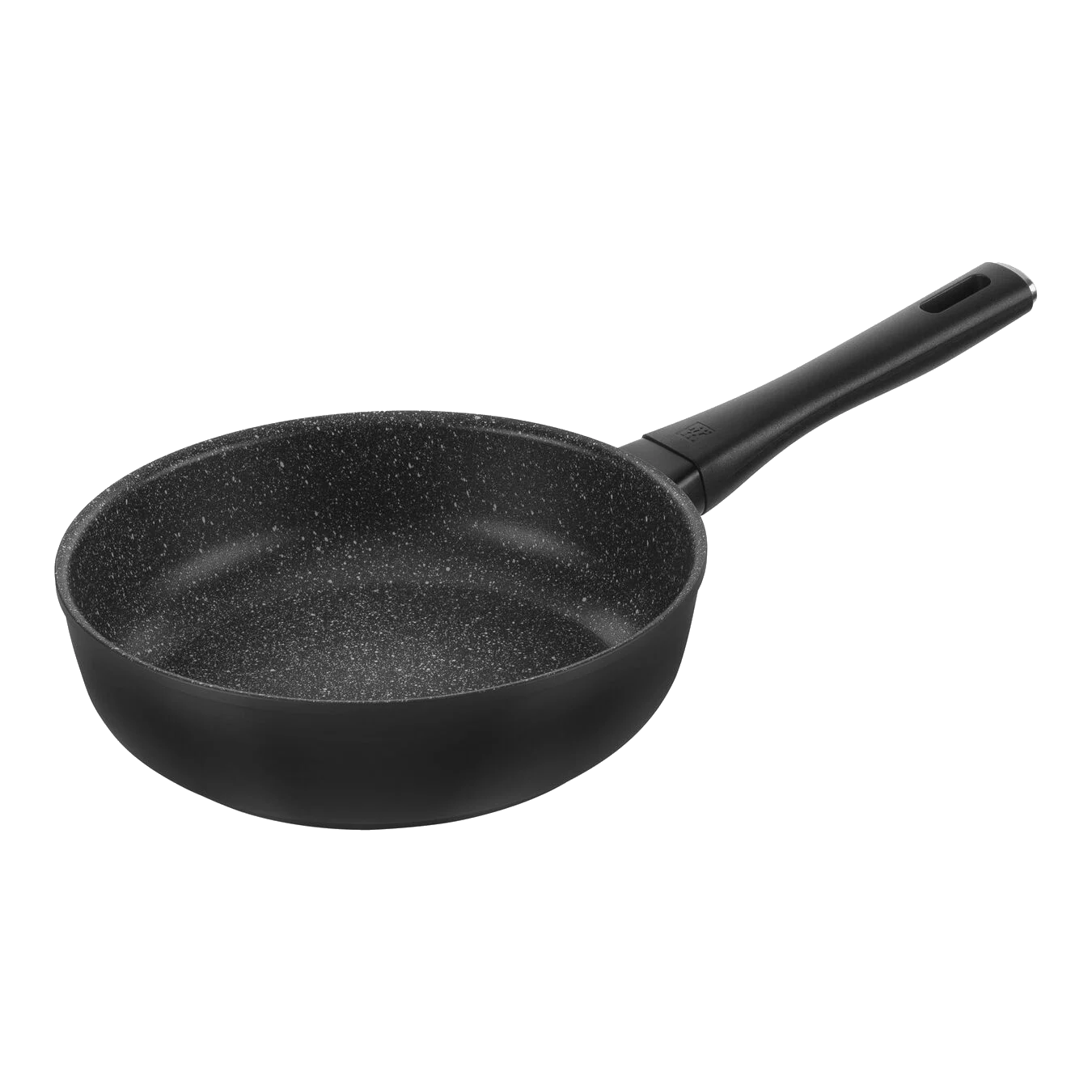 Eine schwarze Bratpfanne mit schwarzem Griff auf schwarzem Hintergrund.