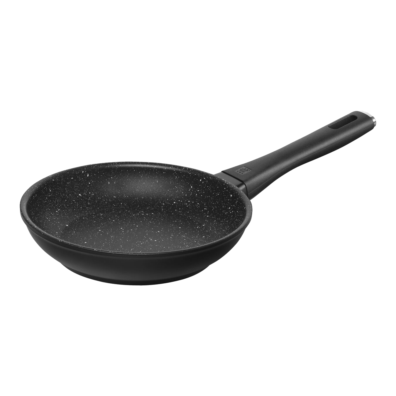 Schwarze Bratpfanne mit gesprenkelter Innenseite und langem schwarzem Griff.