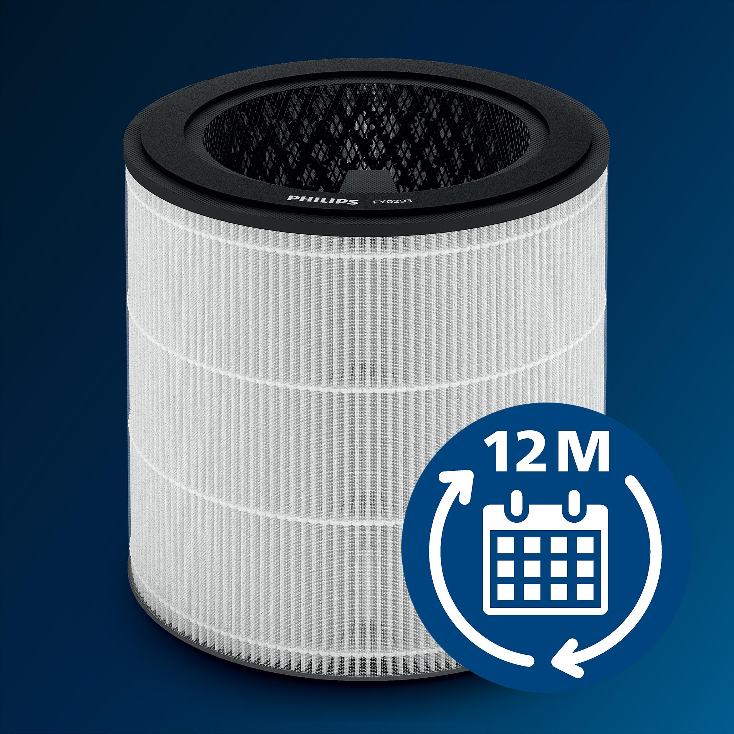 Weißer zylindrischer Luftfilter mit blauem Ring und 12-Monate-Ersatzzyklus-Symbol.