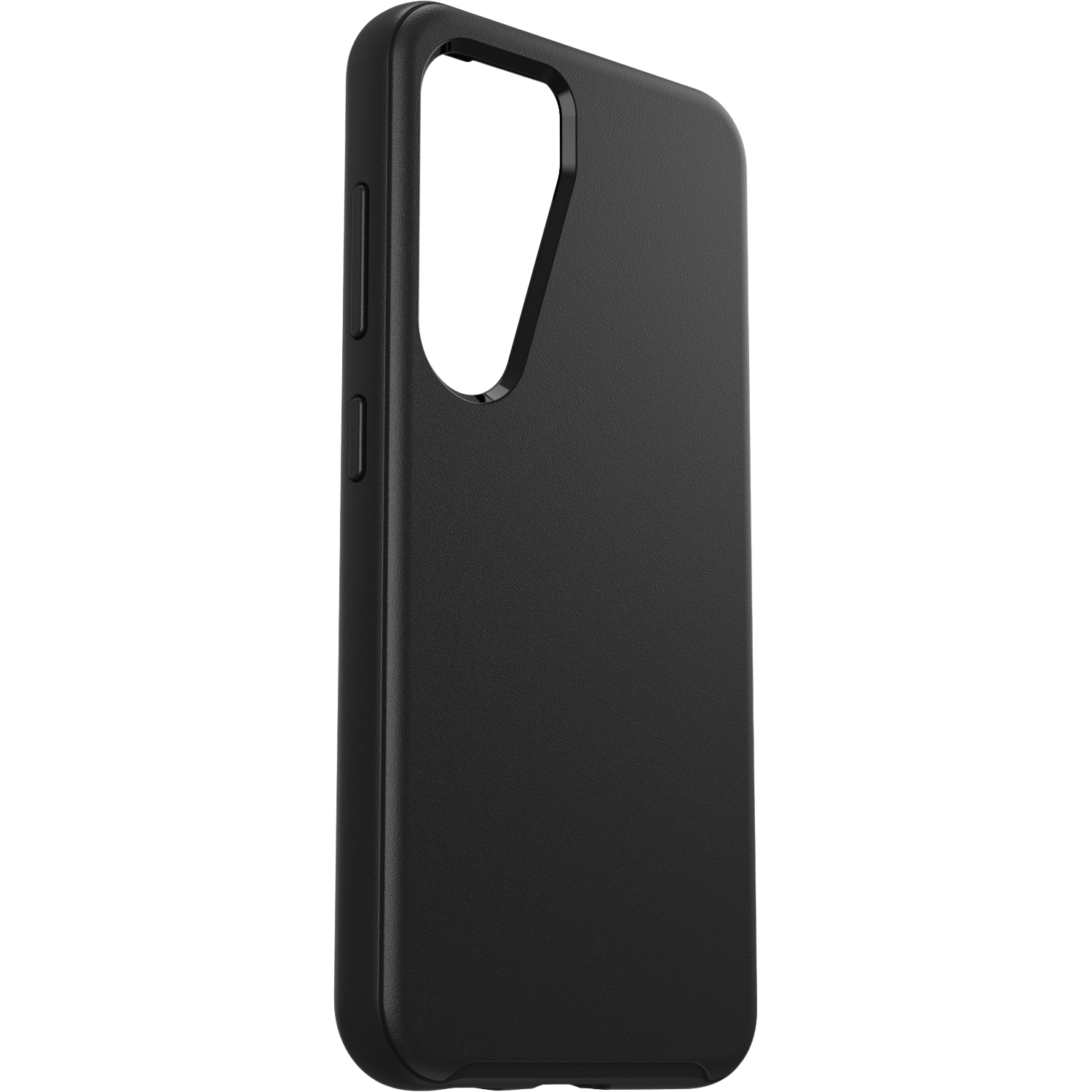 Zwarte telefoonhoes, zijaanzicht, met camera-uitsparing en knoppen.