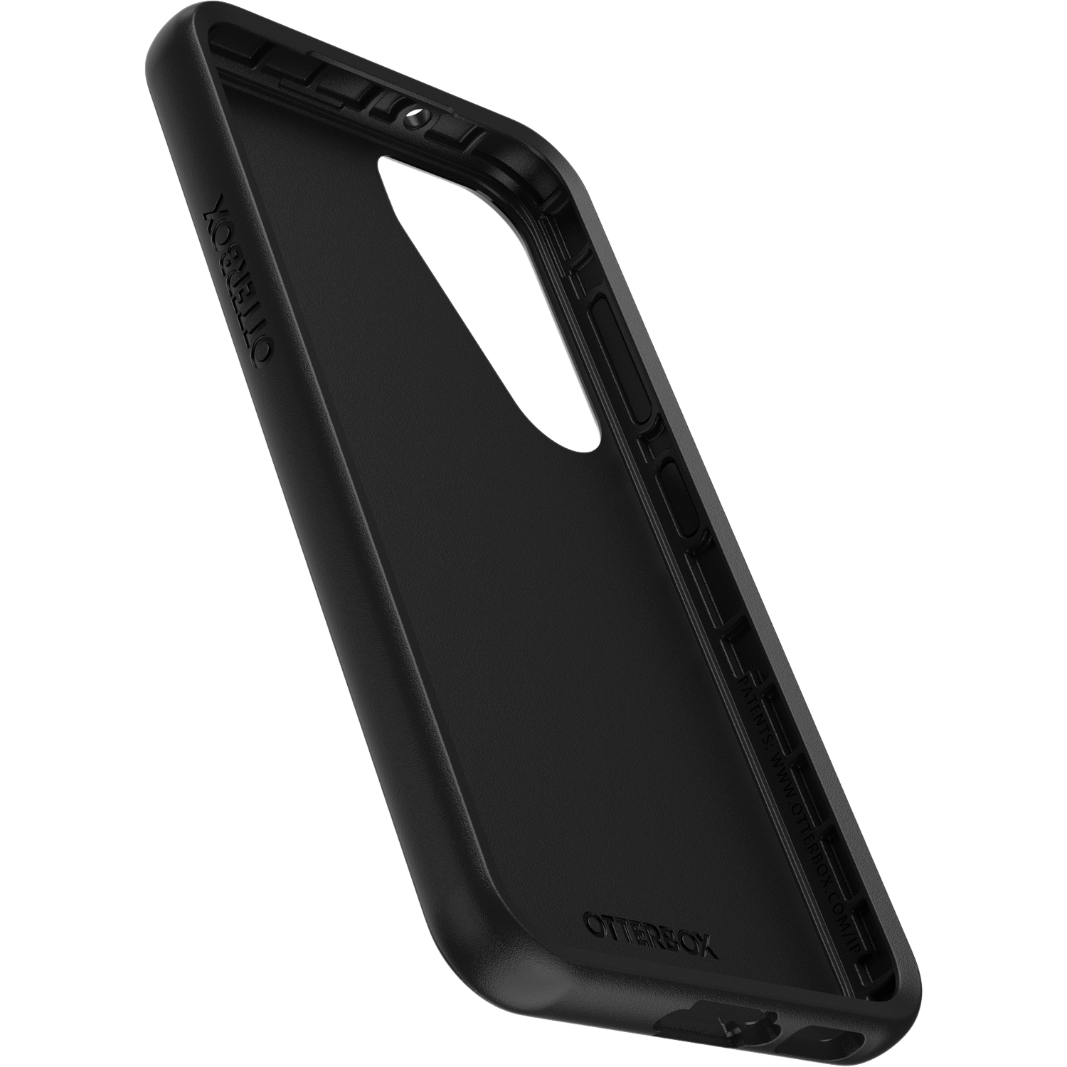 Een zwarte Otterbox telefoonhoes van binnenuit.