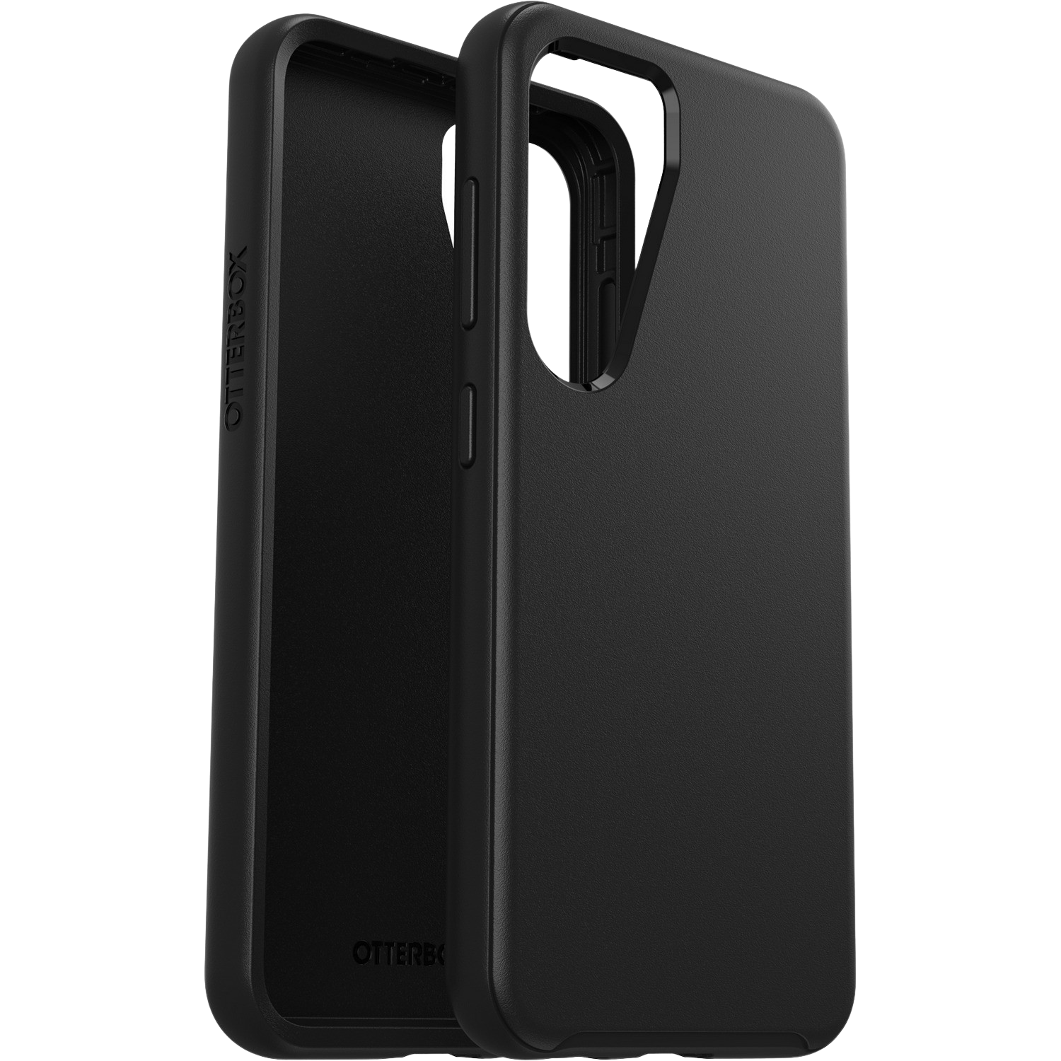 Twee zwarte telefoonhoesjes. Eén is open en toont de binnenkant. Het Otterbox-logo is zichtbaar.