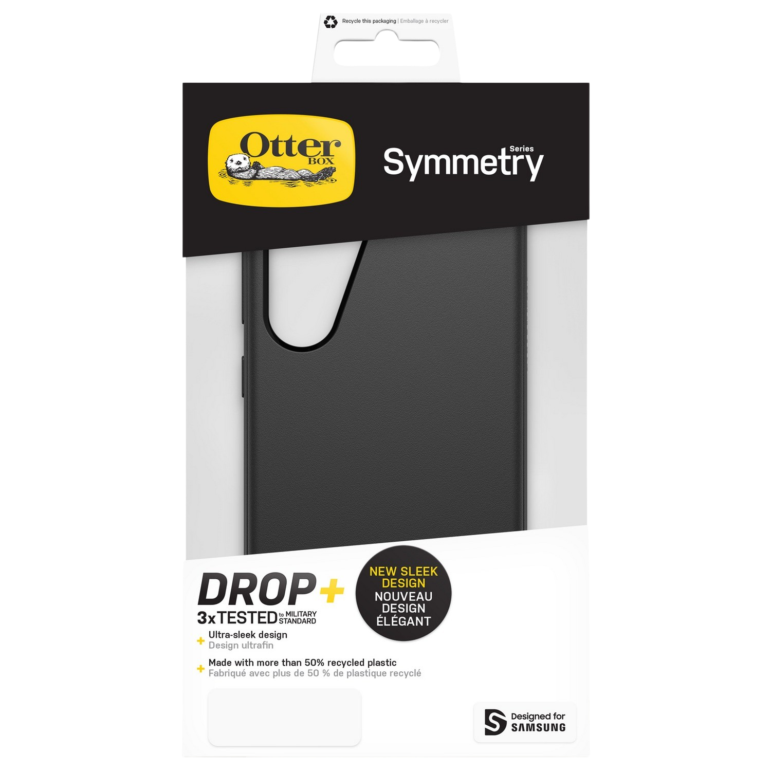 Verpakking van OtterBox Symmetry serie telefoonhoesje, zwarte hoes zichtbaar.