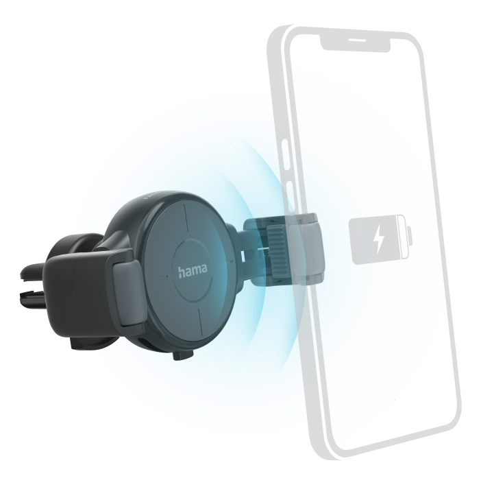 Egy fekete telefontartó telefonnal. Kék fény veszi körül a tartót. A telefonon egy akkumulátor szimbólum látható.