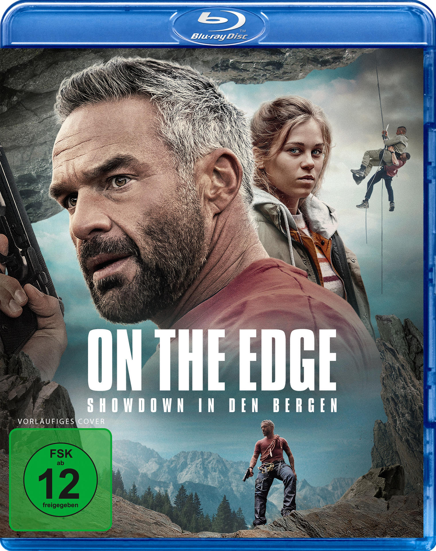 Filmposter. Ein Mann und eine Frau stehen im Mittelpunkt. Der Titel lautet "ON THE EDGE". Action-Szene im Hintergrund. Blu-ray Disc.
