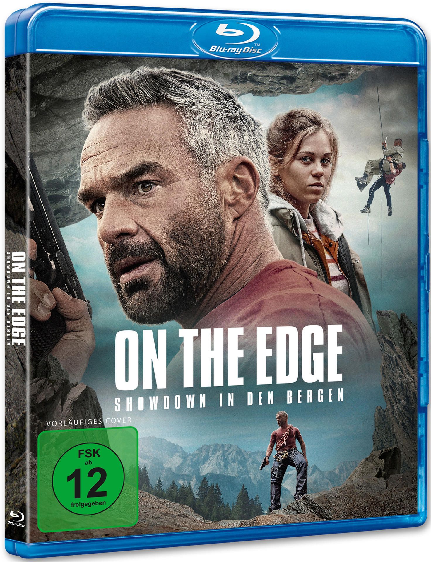 Filmcover von 'On the Edge'. Ein Mann und eine Frau sehen ernst aus. Bergsteiger und ein felsiger Hintergrund. Blu-ray Disc.