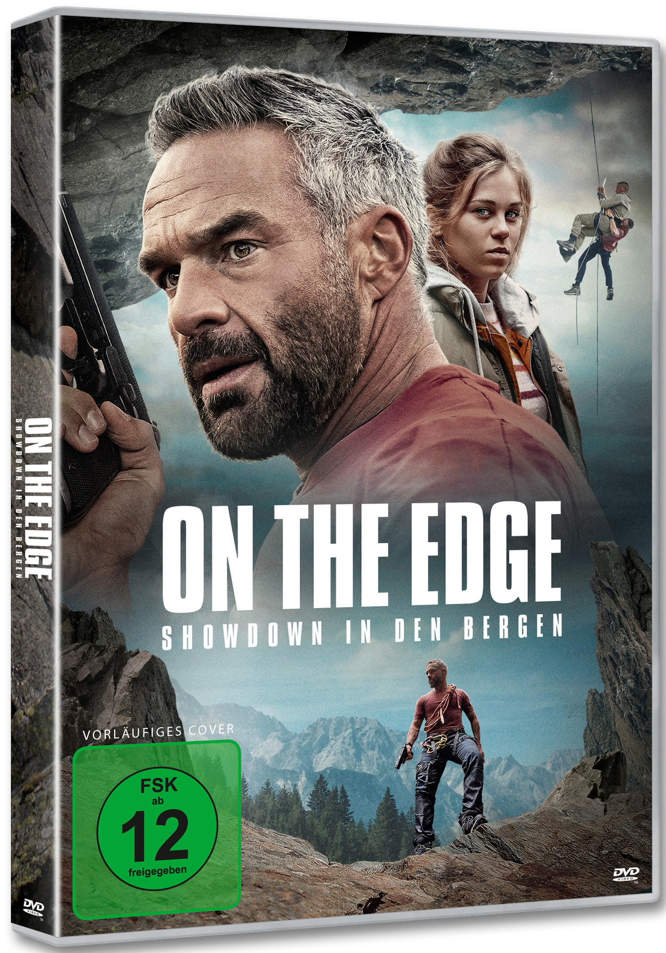 DVD-Cover: Mann mit Waffe, Frau und Mann am Seil. Verschneite Berge im Hintergrund. Filmtitel 'On the Edge'.