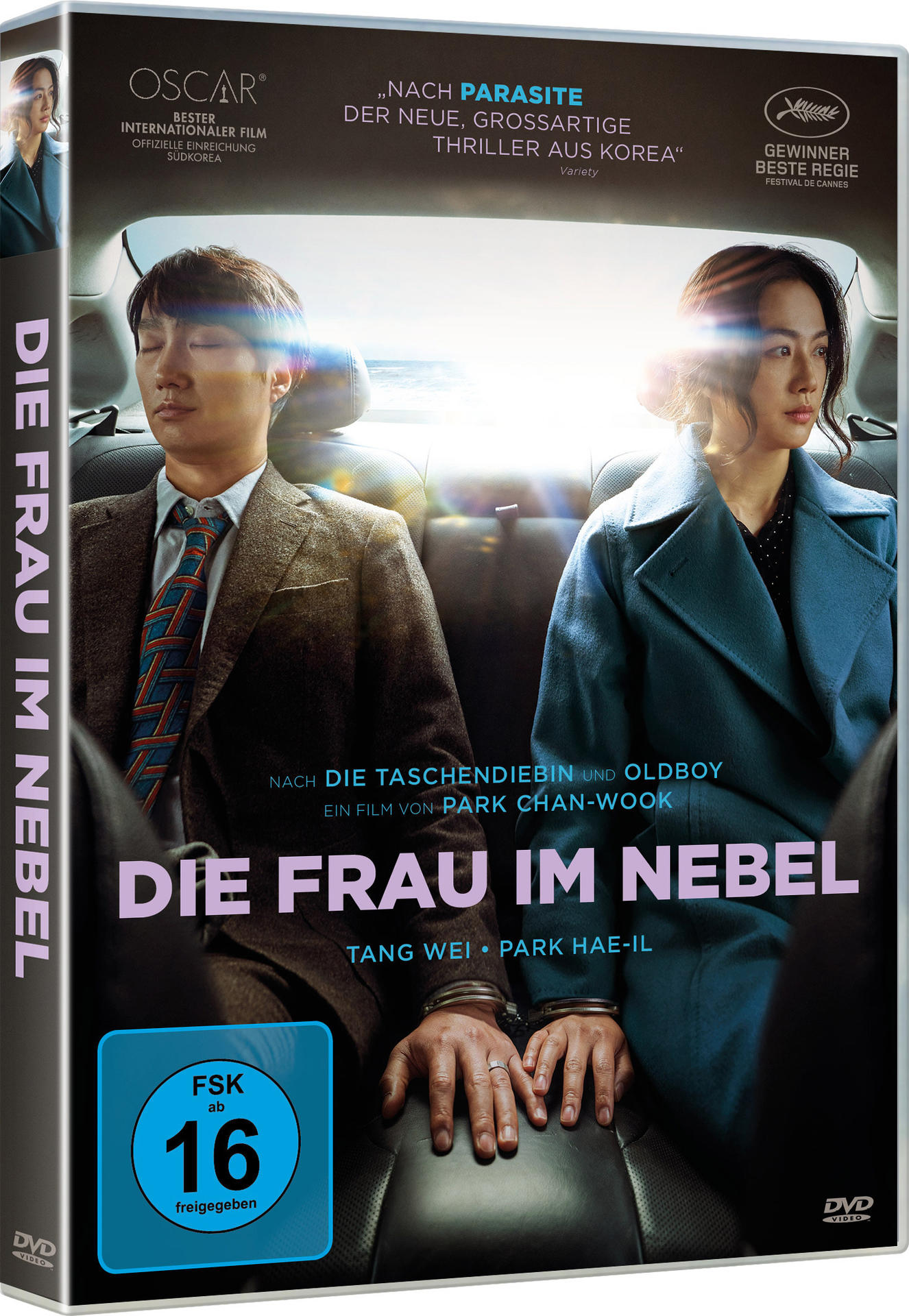 DVD-Hülle mit zwei Personen im Auto, Text in mehreren Sprachen.