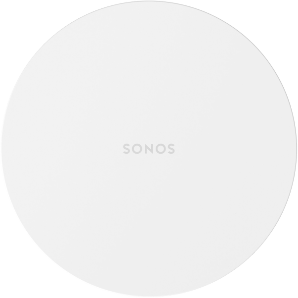 Fehér, kör alakú Sonos hangszóró. A Sonos logója középen van. A háttér fekete.