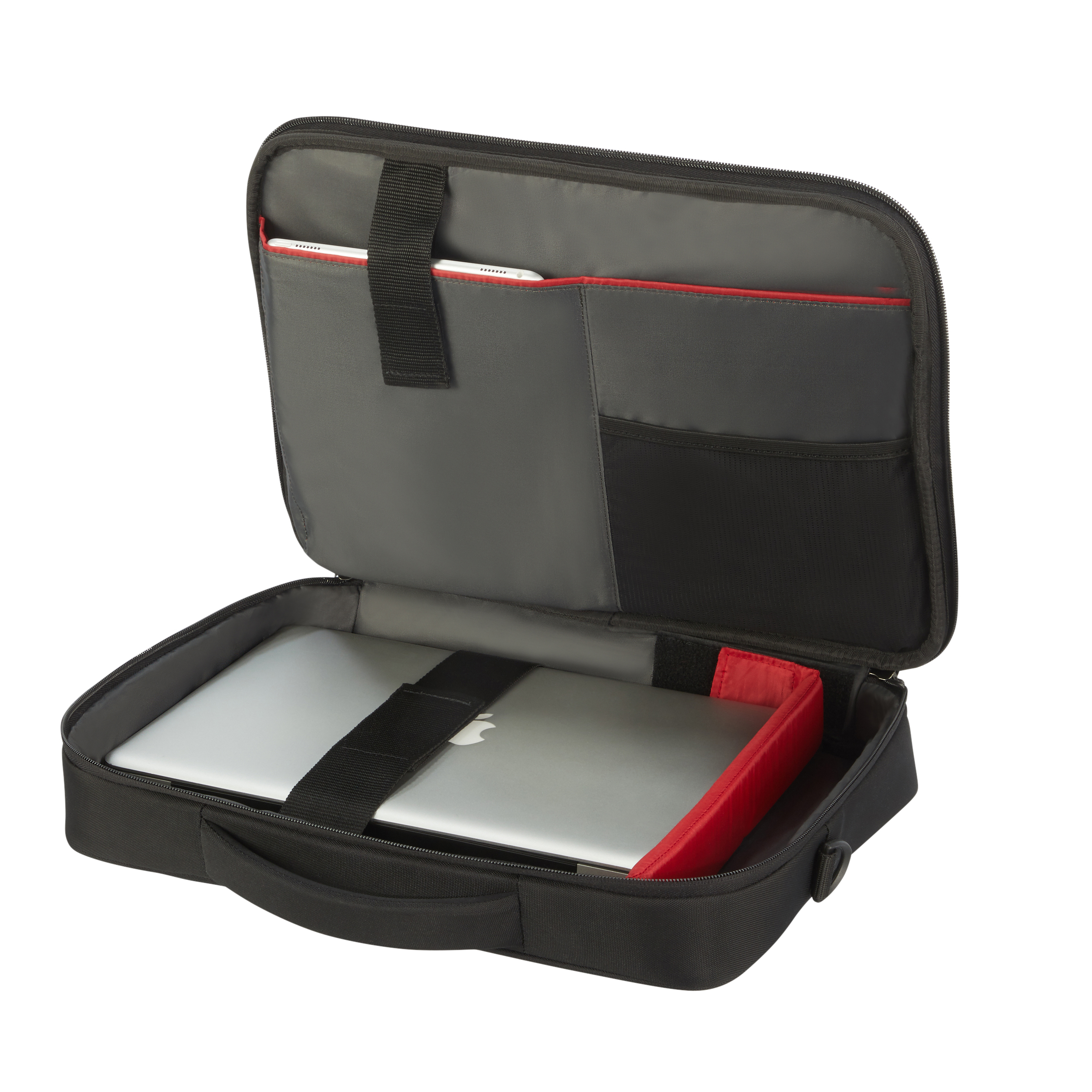 Schwarze Laptoptasche. Geöffnet mit Laptop, Tablet und Taschen. Rote Akzente.